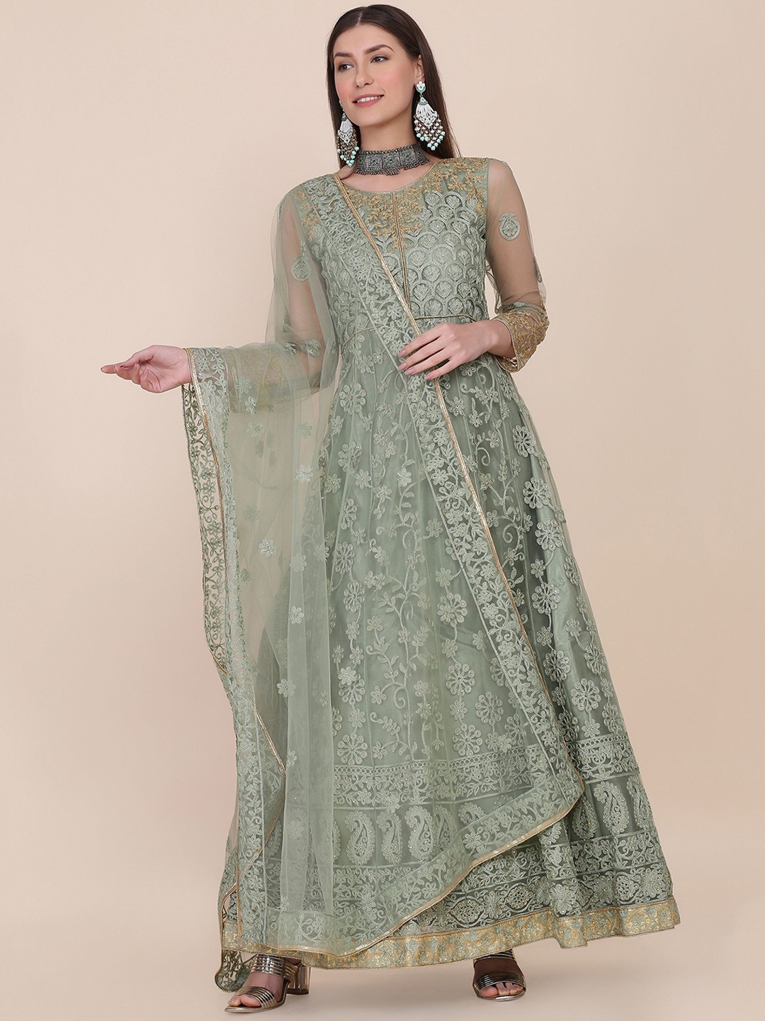 

Warthy Ent Embroidered Semi-Stitched Dress Material, Green