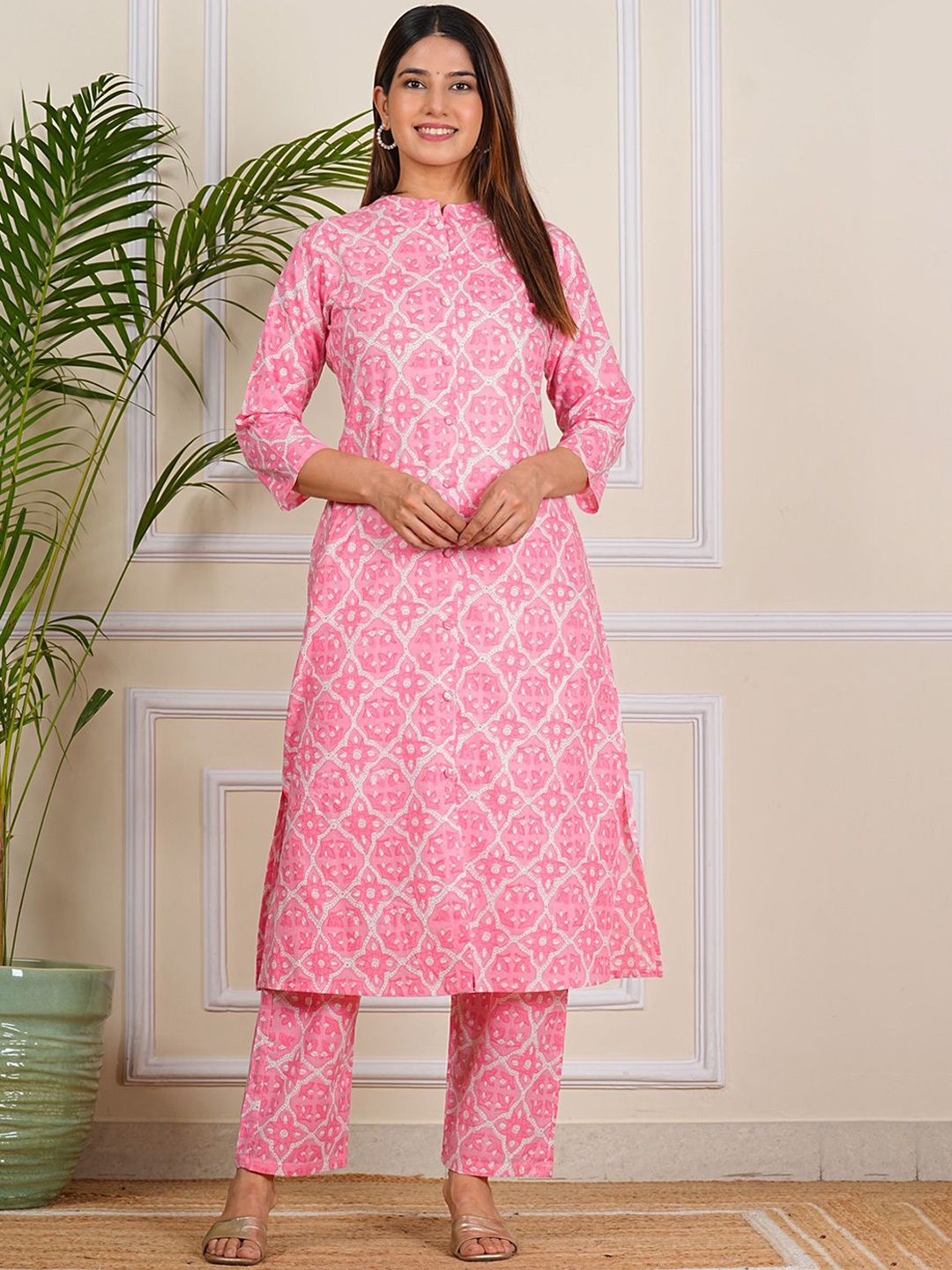 

Aarti Fashion Women Ethnic Motifs Printed Regular Pure Cotton Kurta with Trousers, Pink