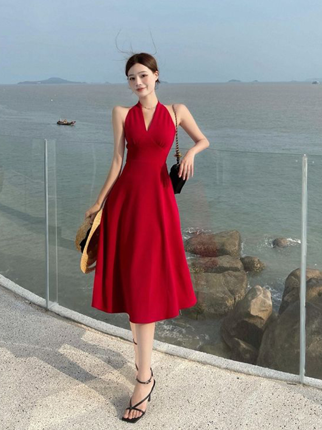 

LULU & SKY Women Halter Neck A-Line Dress, Red