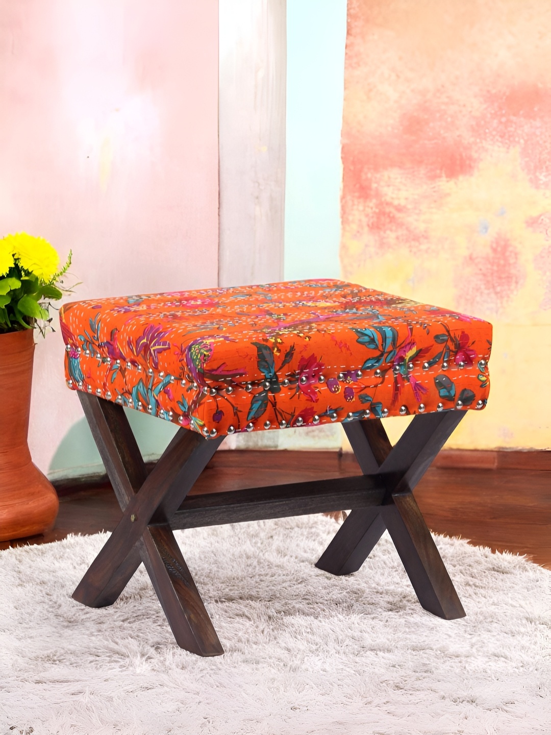 

Ikiriya Orange Colored & Brown Embroidered Square Ottoman