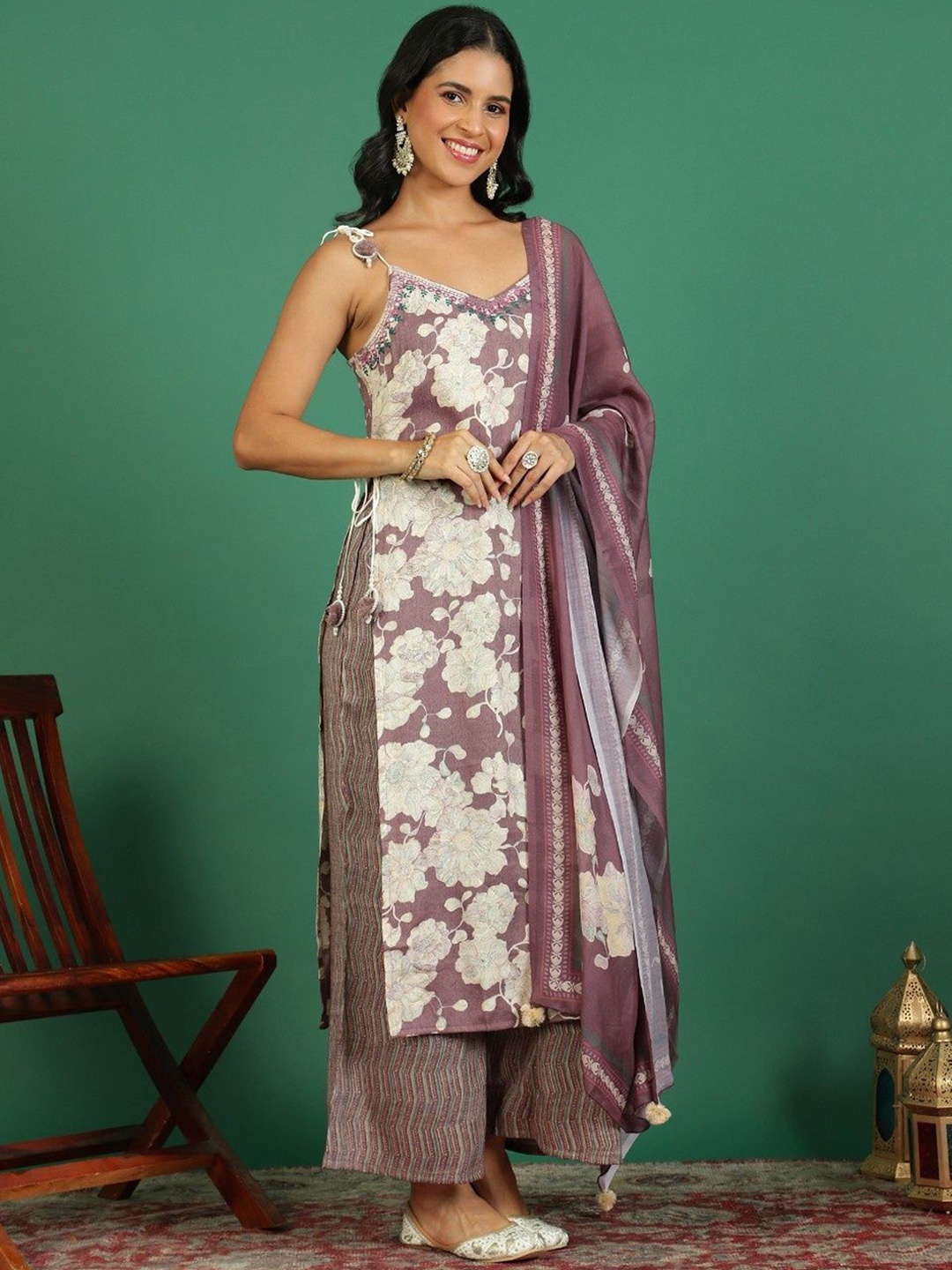 

Sangria Floral Printed Kurta & Palazzos With Dupatta, Brown