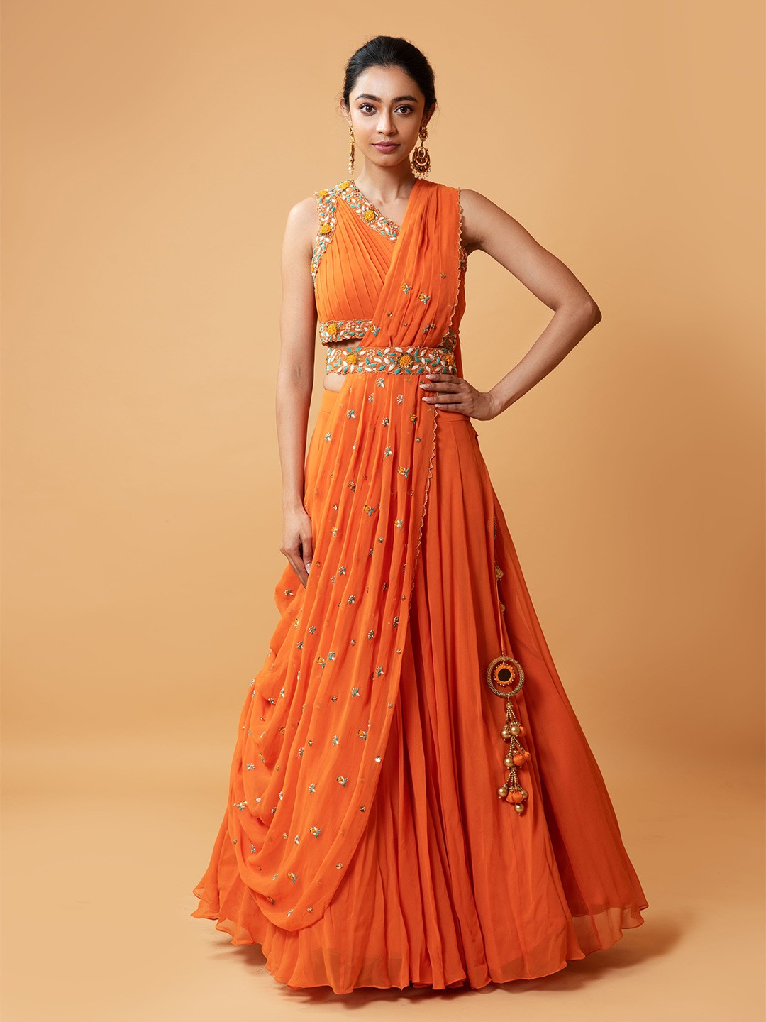 

Quench A Thirst Embellished Thread Work Ready to Wear Lehenga & Semi-Stitched Blouse With Dupatta, Orange