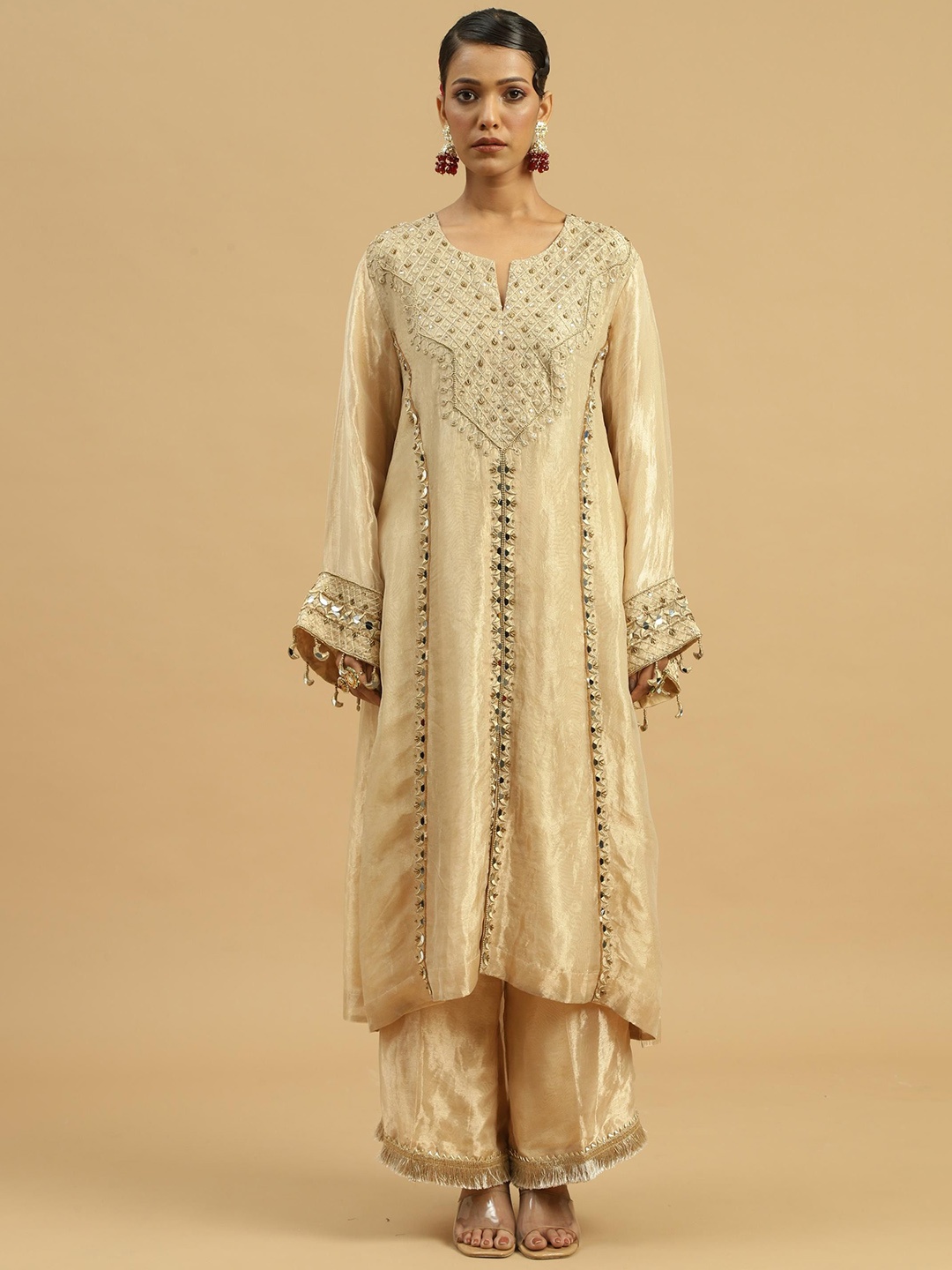 

Siyona by Ankurita Women Embroidered Regular Mirror Work Kurta with Trousers & With Dupatta, Gold