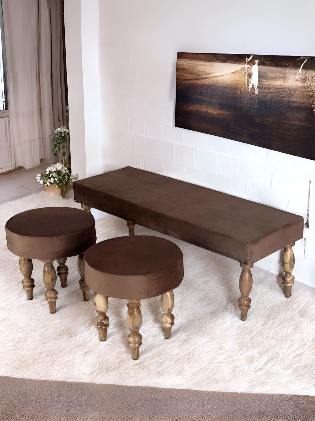 

Ikiriya Brown Wood Accent 3 Seater Bench Set with 2 Stools