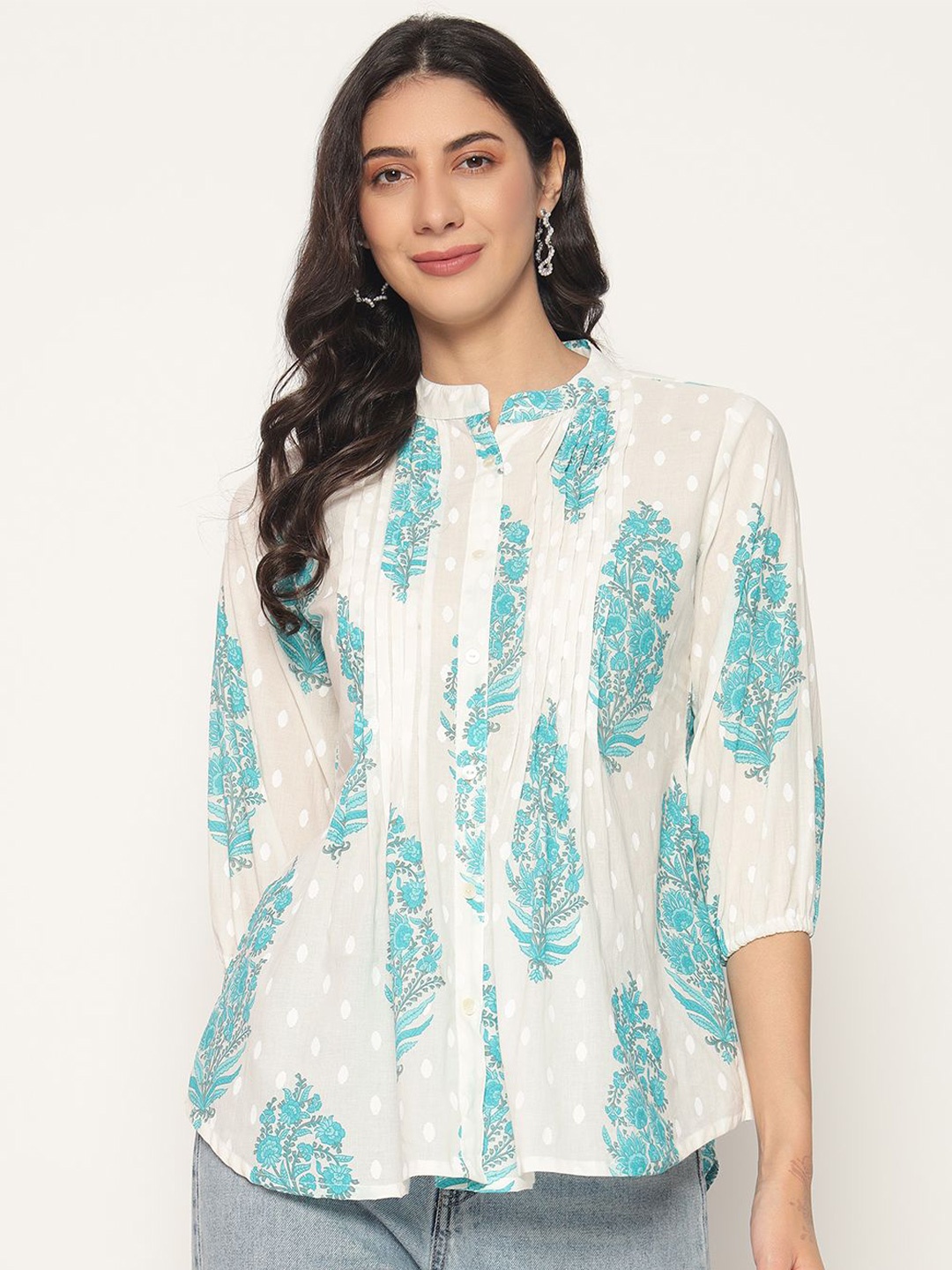 

PIDAVLIYA'S Floral Print Mandarin Collar Cotton Top, Blue