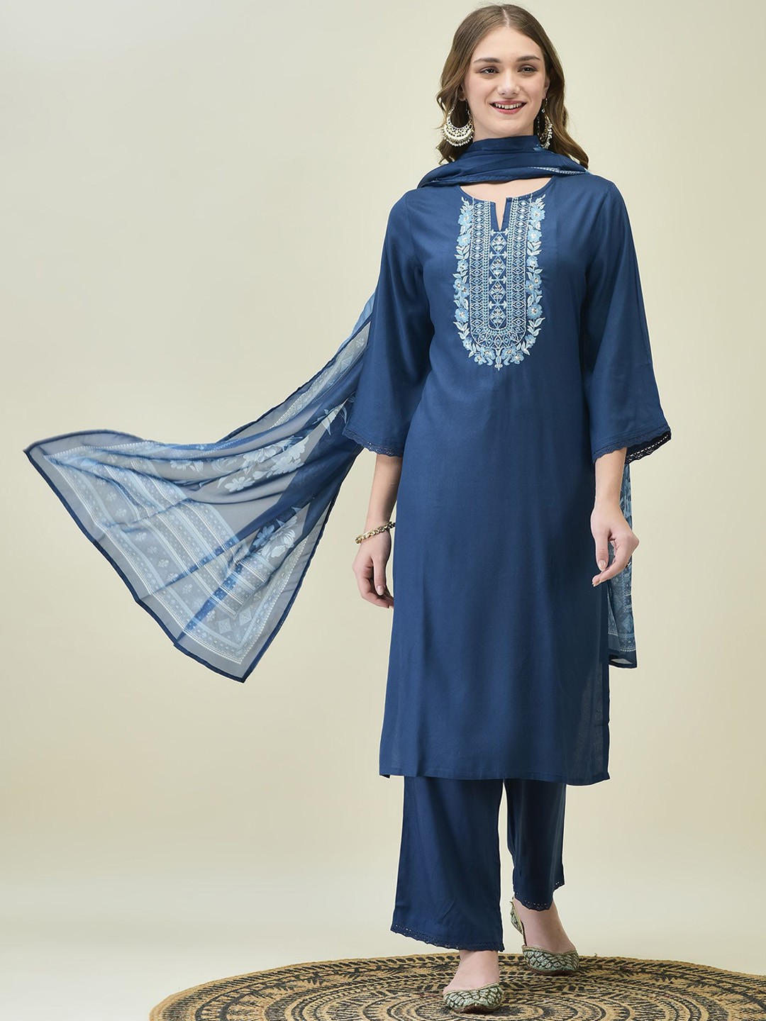 

Shree Women Embroidered Liva Kurta with Trousers & With Dupatta, Blue