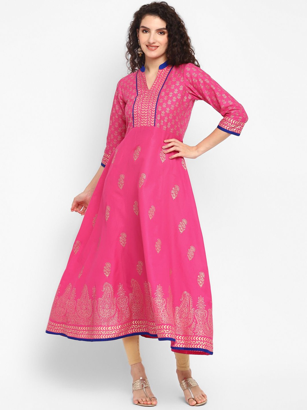 

CROESUS Women Block Printed Cotton Anarkali Kurta, Pink