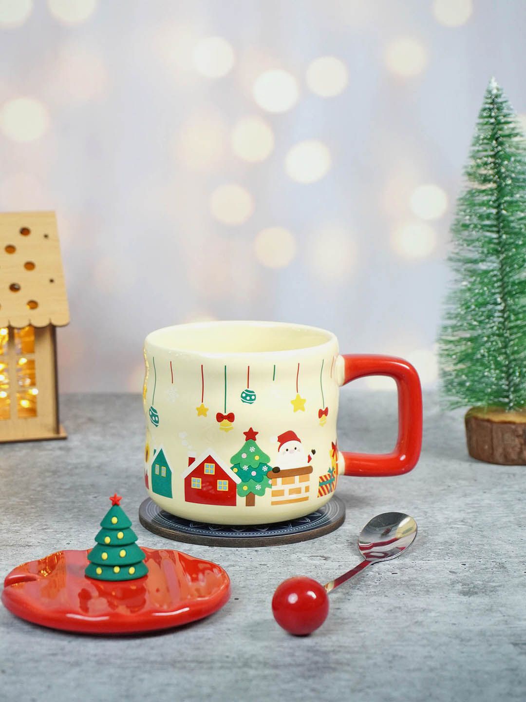 

Little Surprise Box LLP Christmas Mug With 3D Christmas Tree Lid And Stainless Spoon., Multi