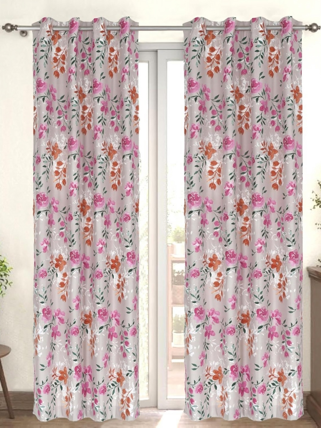 

Myntra Elegant Homes Pink & Grey Set of 2 Floral Door Curtain