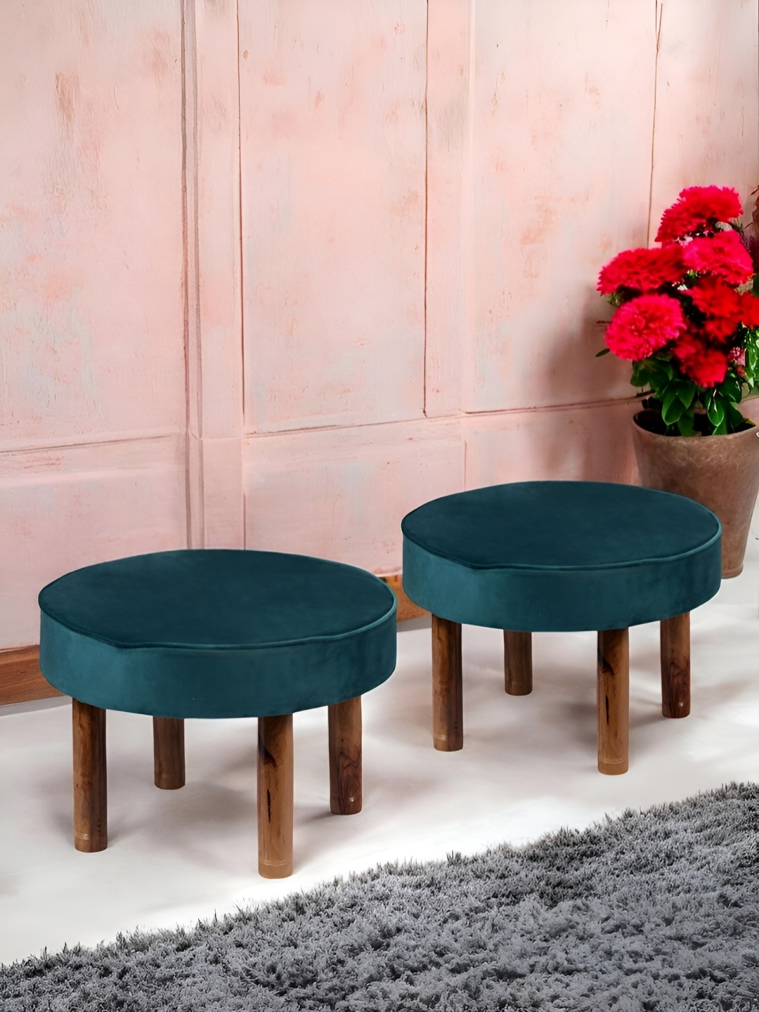 

Ikiriya 2-Pcs Turquoise Blue Wooden Velvet Round Ottomans