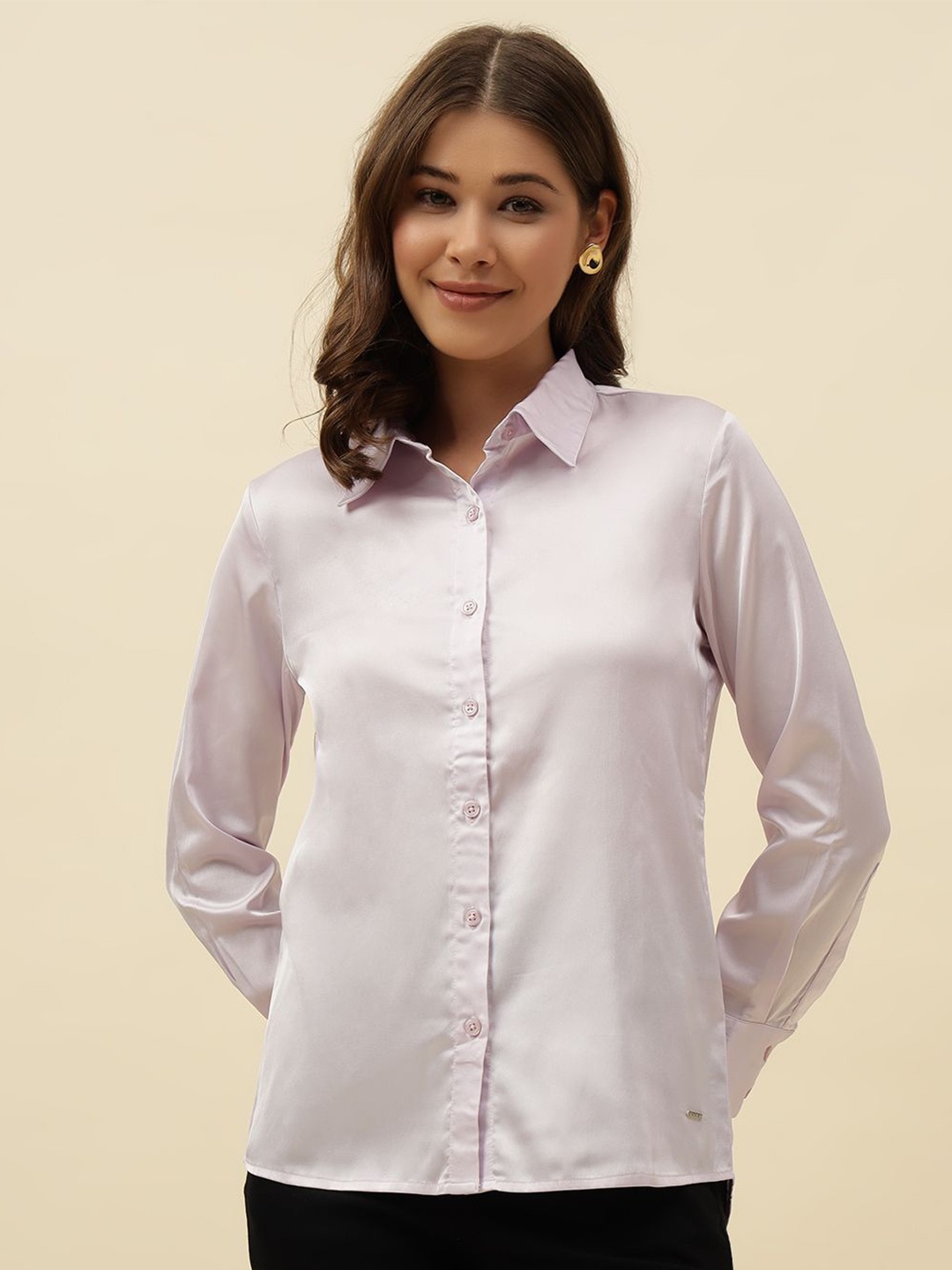 

Beatnik Women Classic Spread Collar Solid Satin Casual Shirt, Lavender