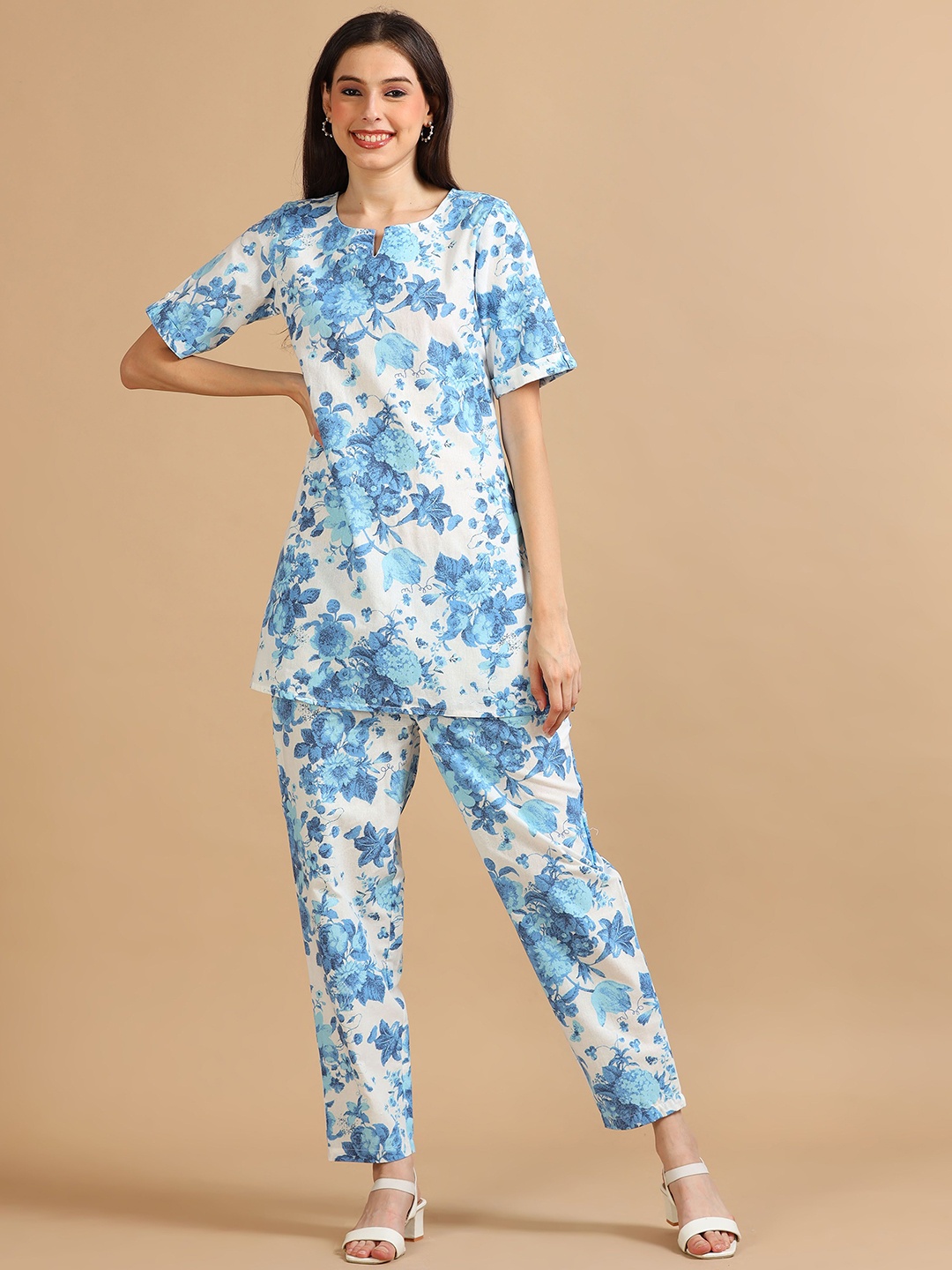 

Marcia Floral Printed Pure Cotton Top & Trousers Co-Ords, White