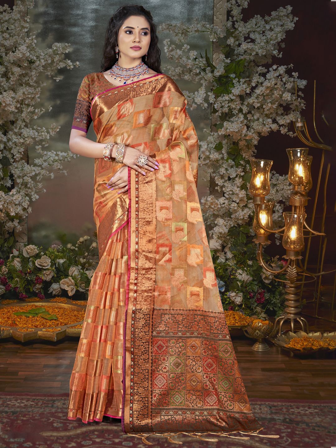 

SANGAM PRINTS Woven Design Zari Tissue Tussar Saree, Brown