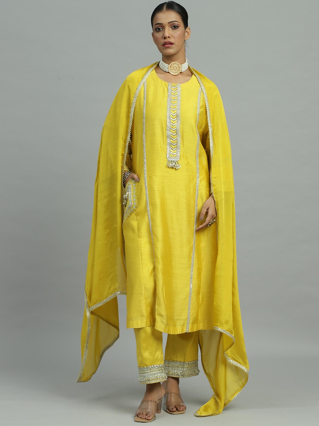 

Siyona by Ankurita Women Embroidered Regular Thread Work Chanderi Silk Kurta with Trousers & With Dupatta, Yellow