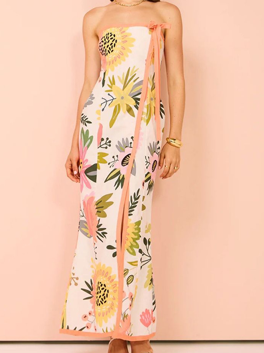 

LULU & SKY Women Floral Printed Bandeau Maxi Dress, White