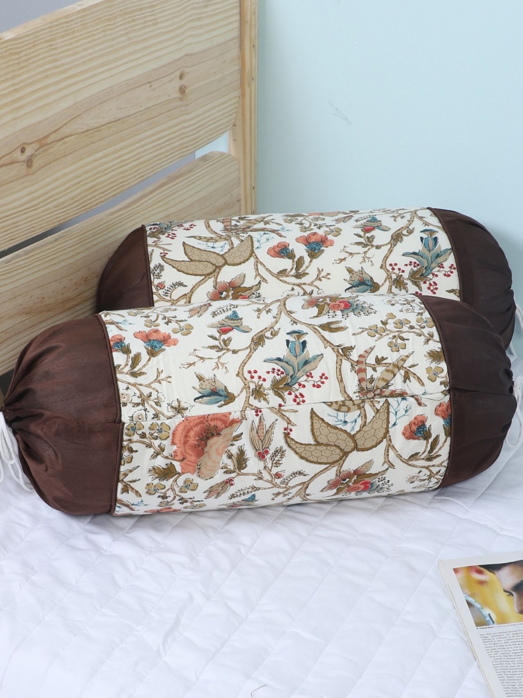 

MFD HOME FURNISHING 2-Pcs Off White & Brown Printed Velvet Bolster Covers