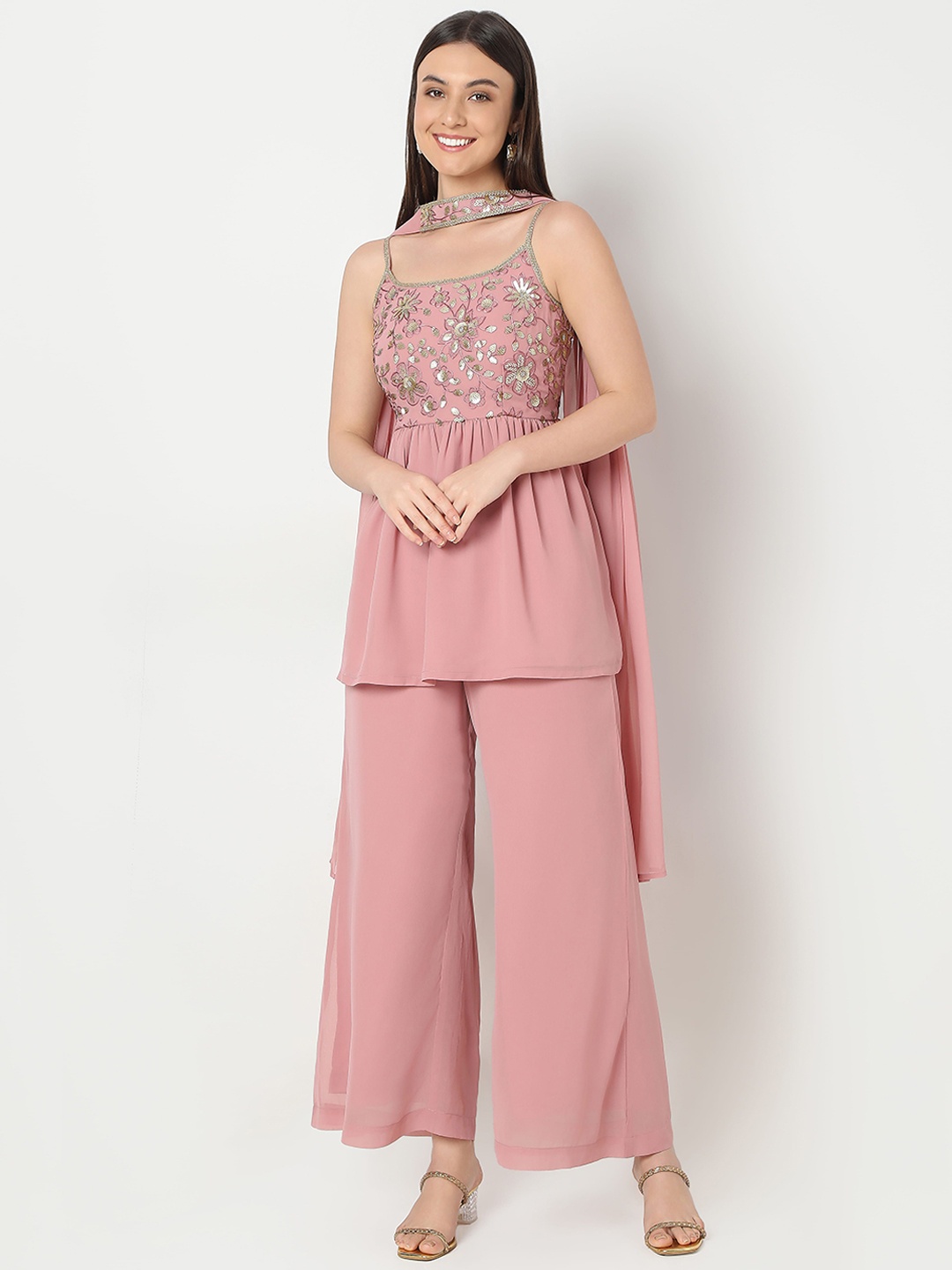 

Ethnicity Women Embroidered Regular Sequinned Top with Palazzos & With Dupatta, Pink