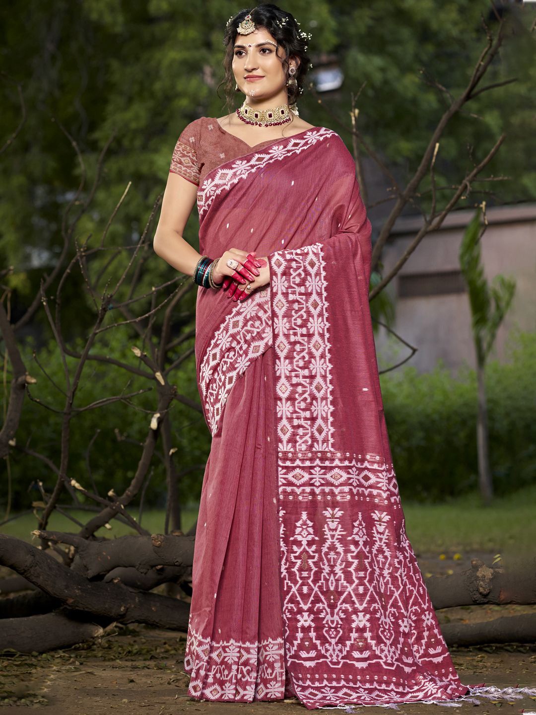 

SANGAM PRINTS Woven Design Tussar Saree, Rose