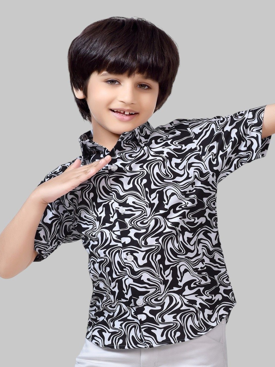 

BAESD Boys Comfort Spread Collar Abstract Printed Cotton Casual Shirt, Black