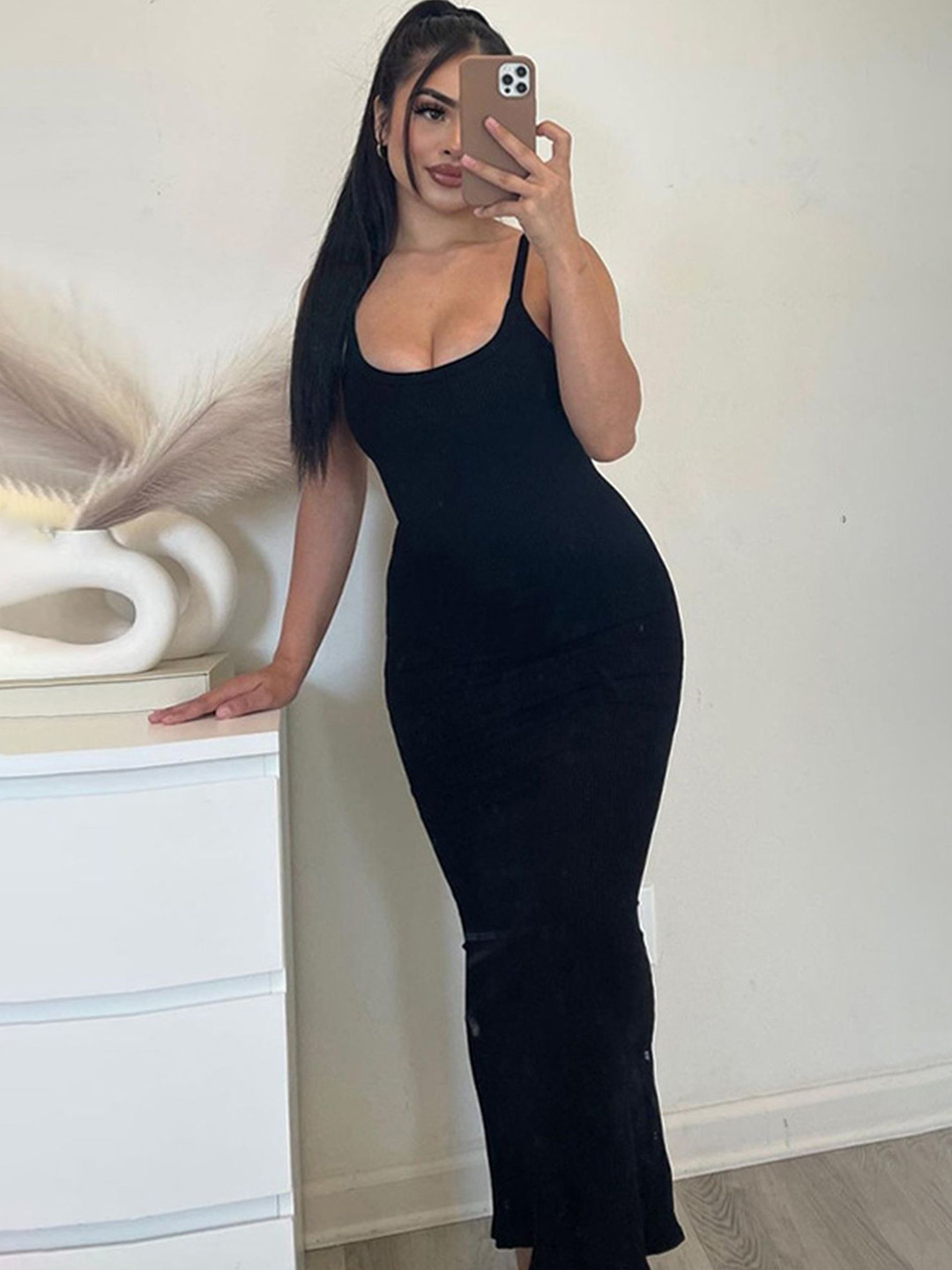 

LULU & SKY Women Shoulder Straps Bodycon Maxi Dress, Black