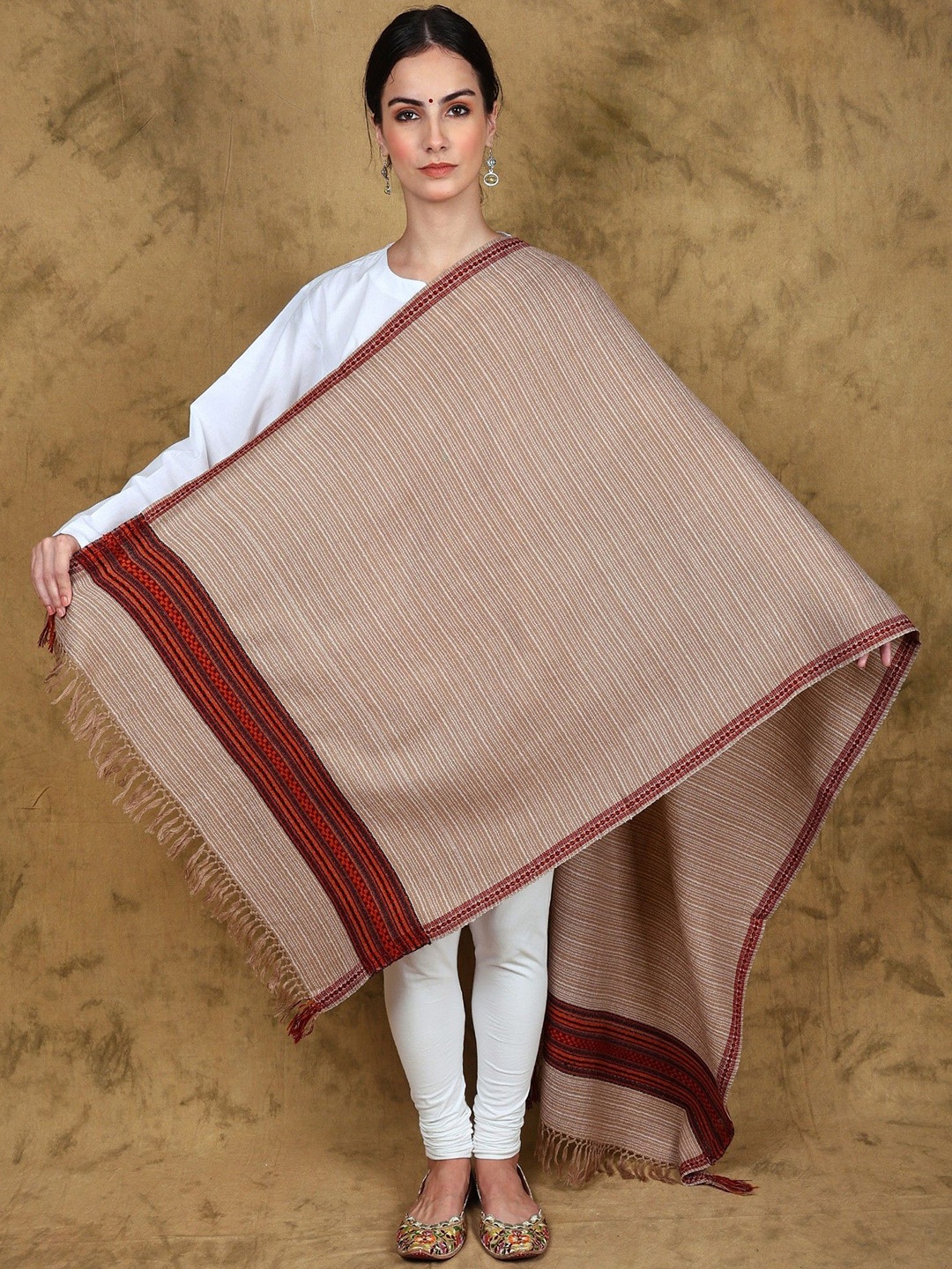 

Exotic India Wool Kullu Stole with Woven Kinnauri Border and Stripe Pattern, Brown