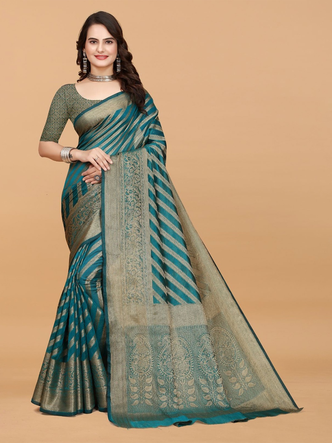 

Areca Designer Woven Design Zari Organza Banarasi Saree, Teal