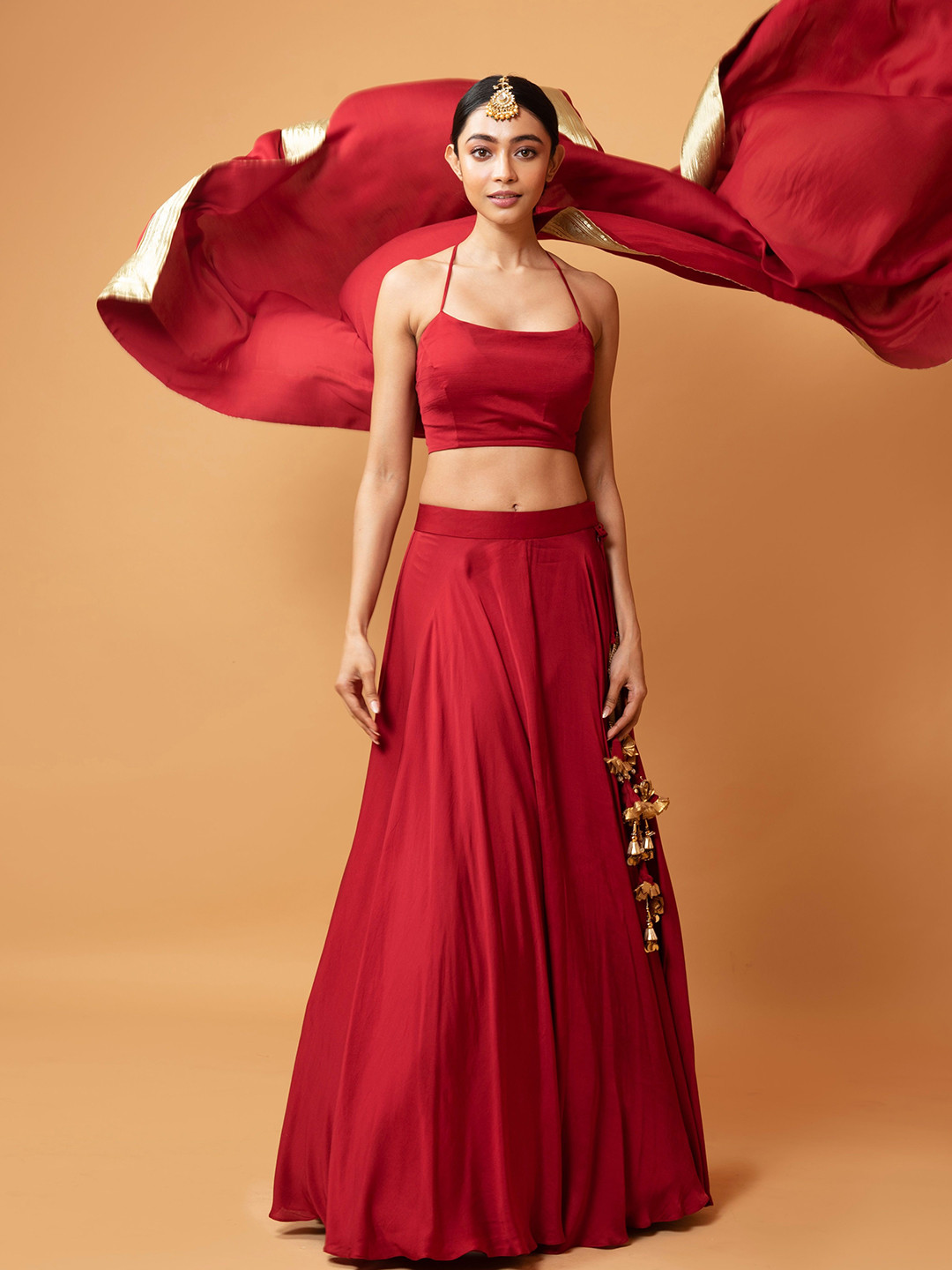 

Quench A Thirst Ready to Wear Lehenga & Semi-Stitched Blouse With Dupatta, Red