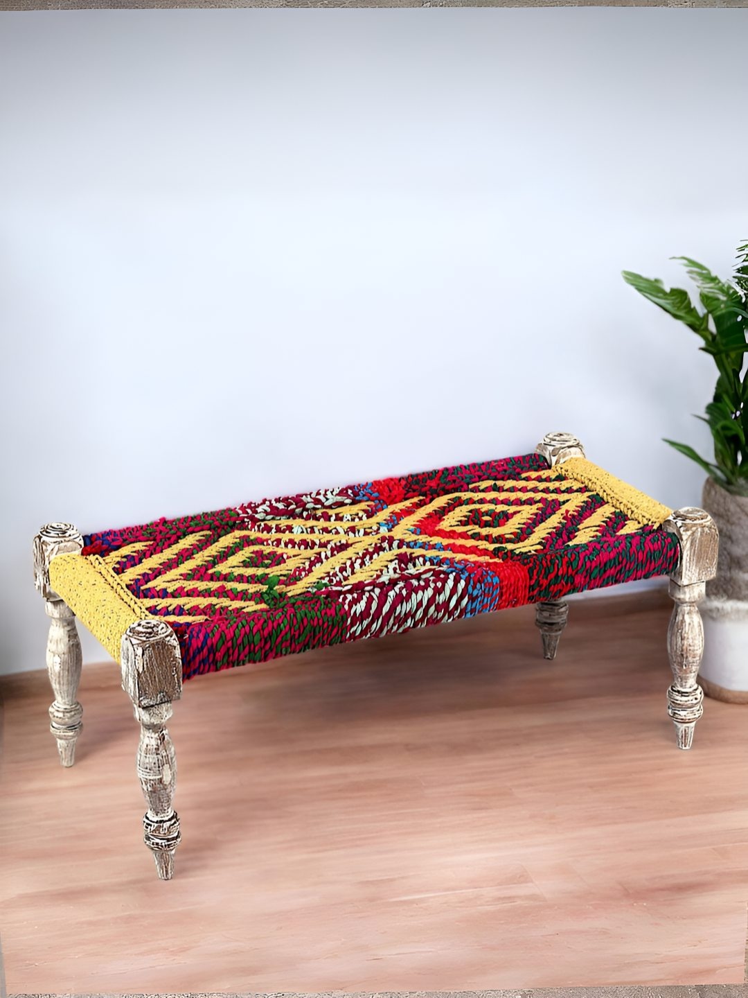 

Ikiriya Yellow & Red Wood Vintage 2 Seater Maachi Bench
