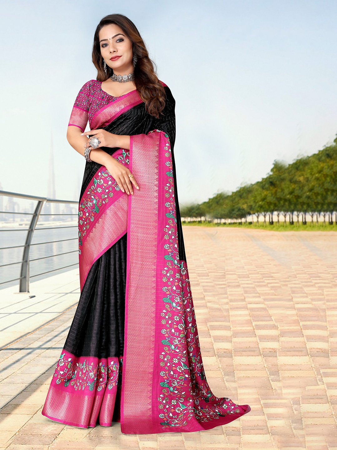 

J 6 DESIGNER Floral Silk Blend Saree, Black