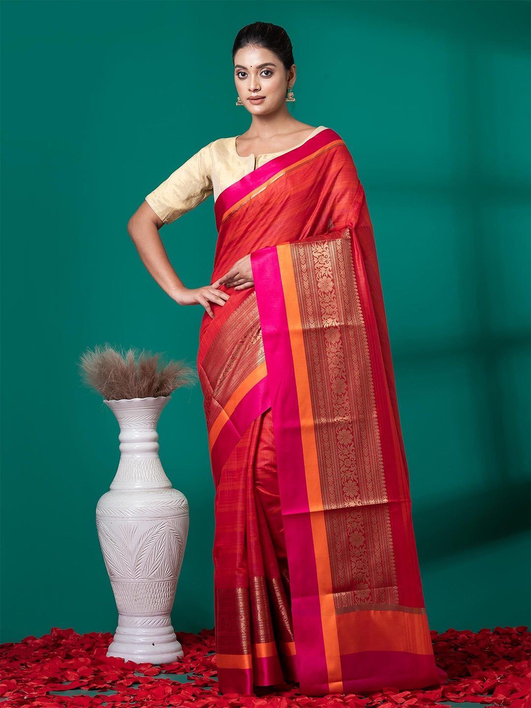 

VIBHAVARI Zari Silk Cotton Saree, Pink