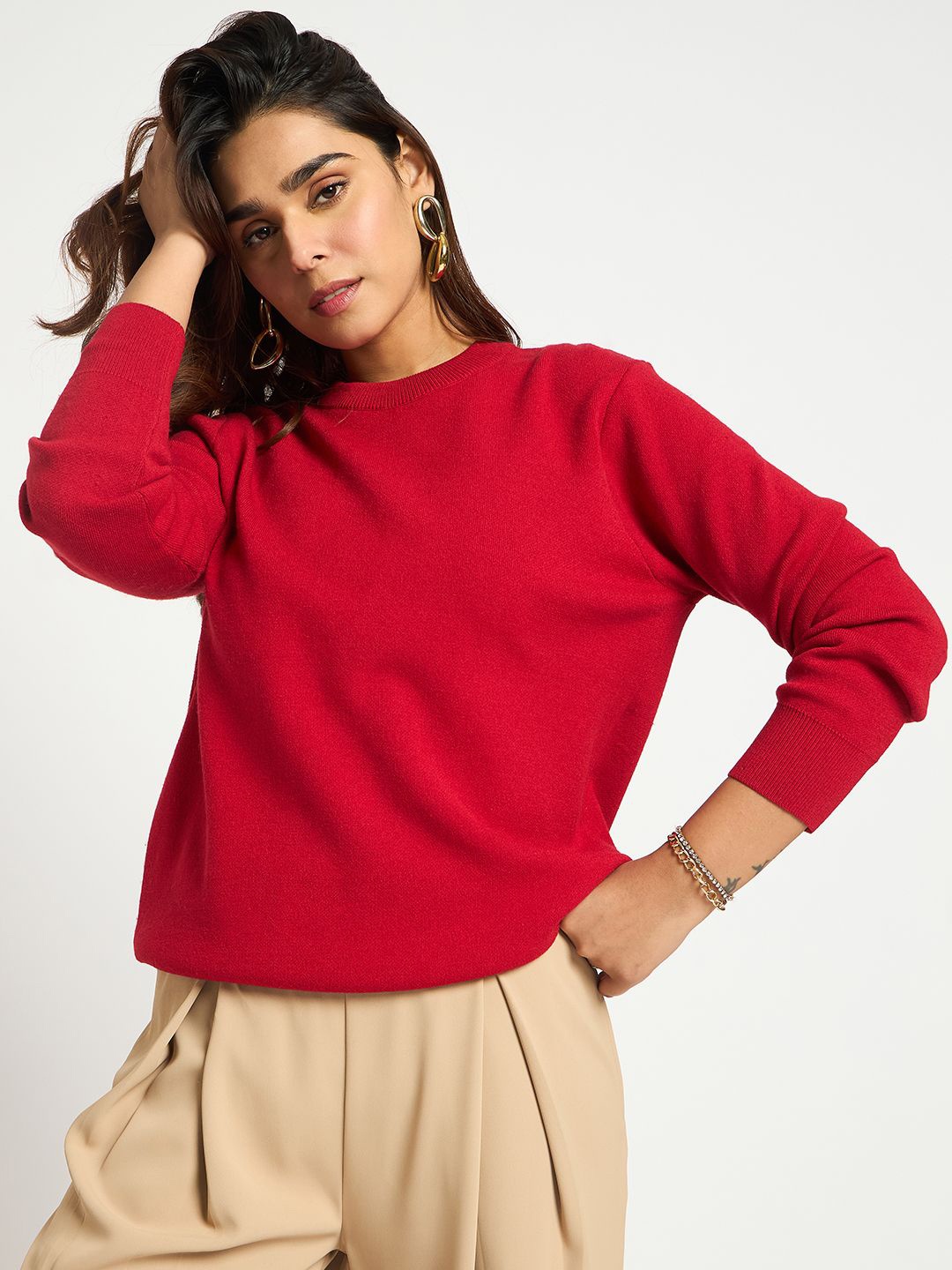 

FEMMELLA Women Round Neck Pullover Sweaters, Red