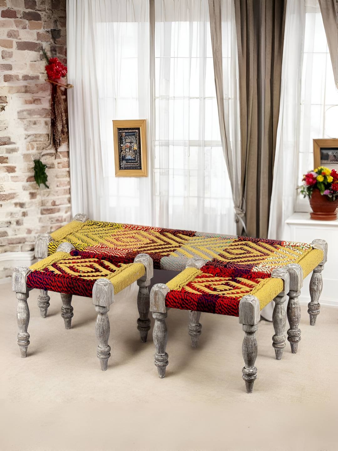 

Ikiriya Yellow & Red Wood 3 Maachi Bench Set With 2 Stools