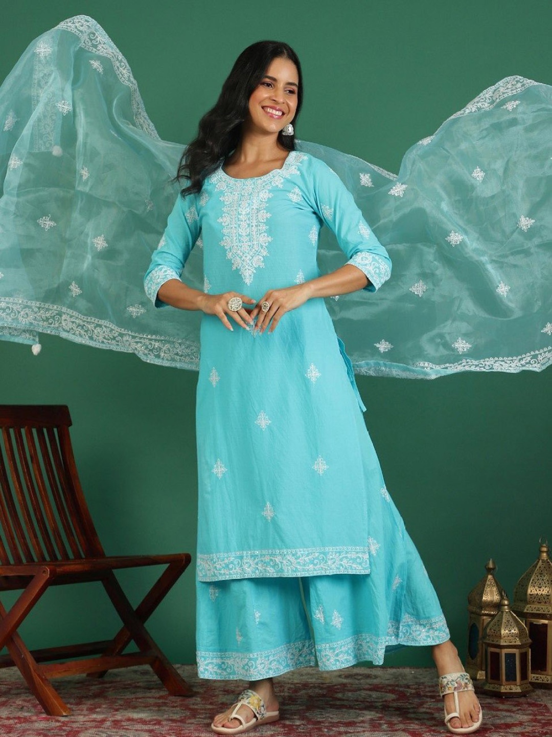 

Sangria Embroidered Kurta & Sharara With Dupatta Kurta Sets, Turquoise blue