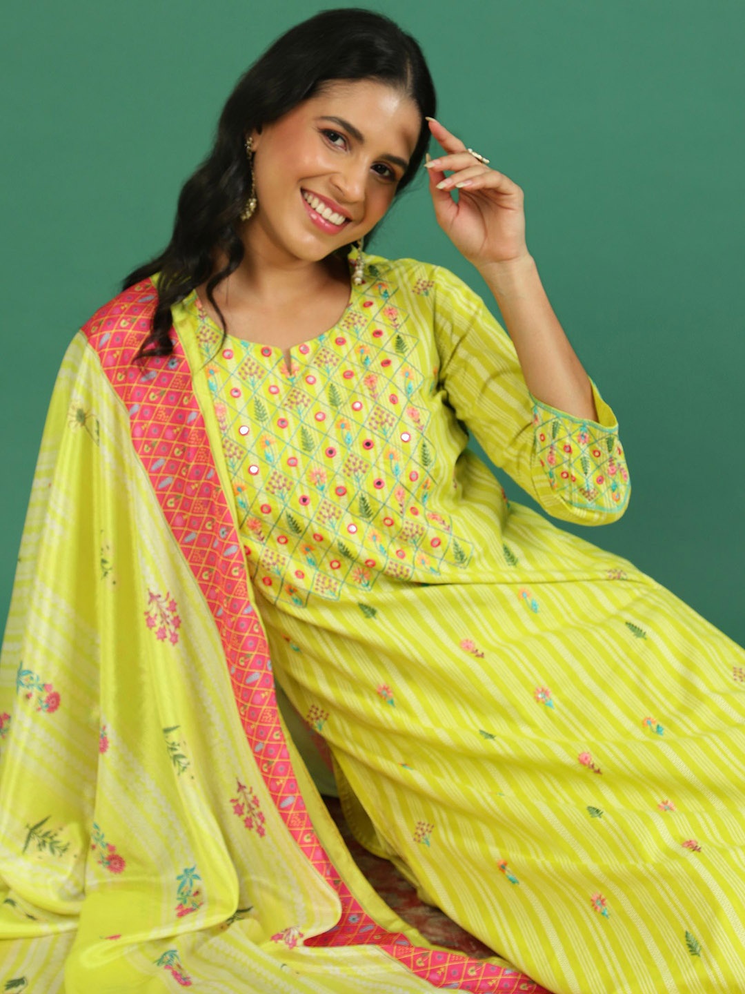 

Sangria Pure Cotton Embroidered Kurta & Trouser With Dupatta, Green