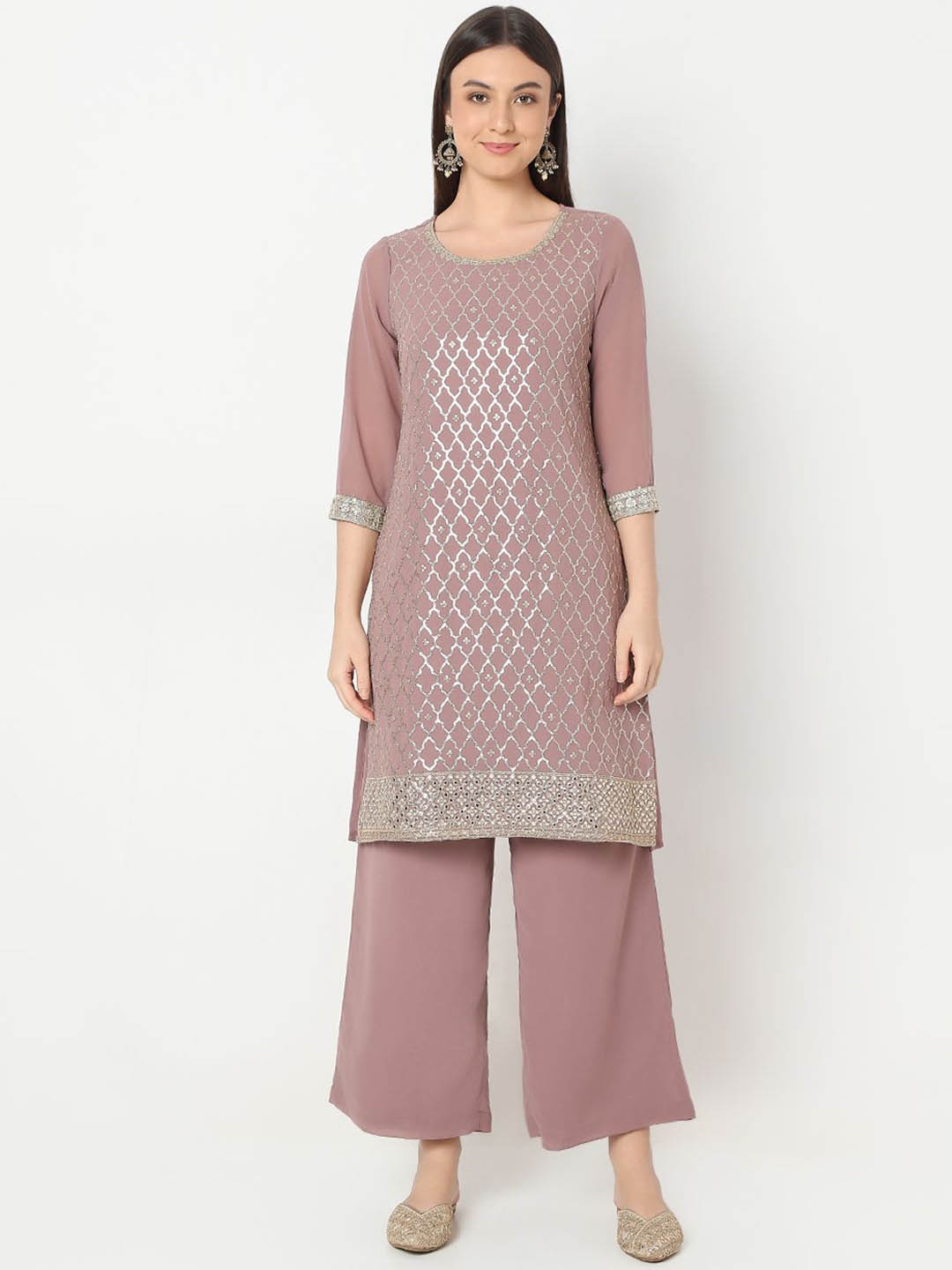 

Ethnicity Women Ethnic Motifs Embroidered Regular Sequinned Kurta with Palazzos & With Dupatta, Mauve