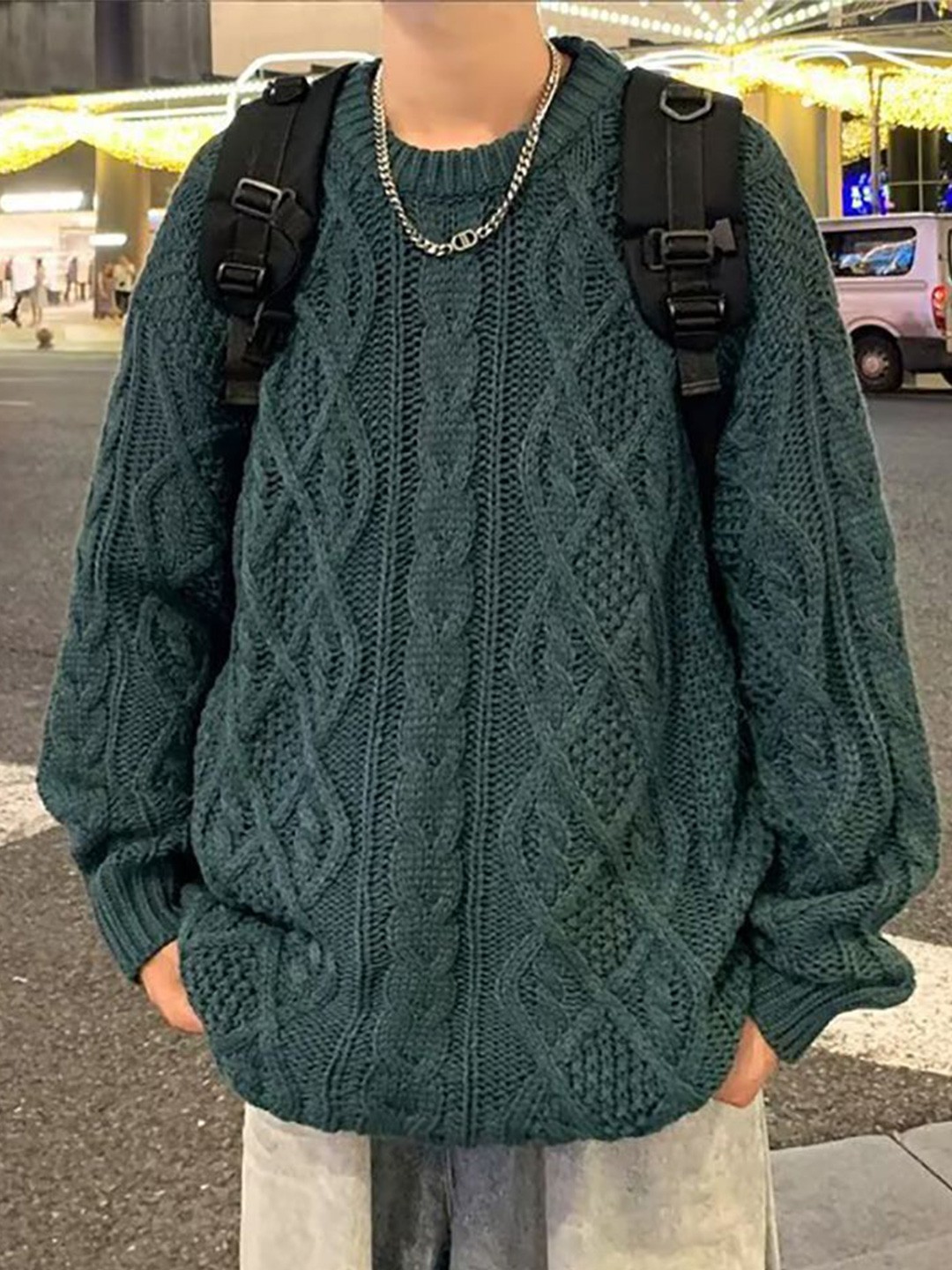 

StyleCast x Revolte Men Cable Knit Longline Pullover, Green