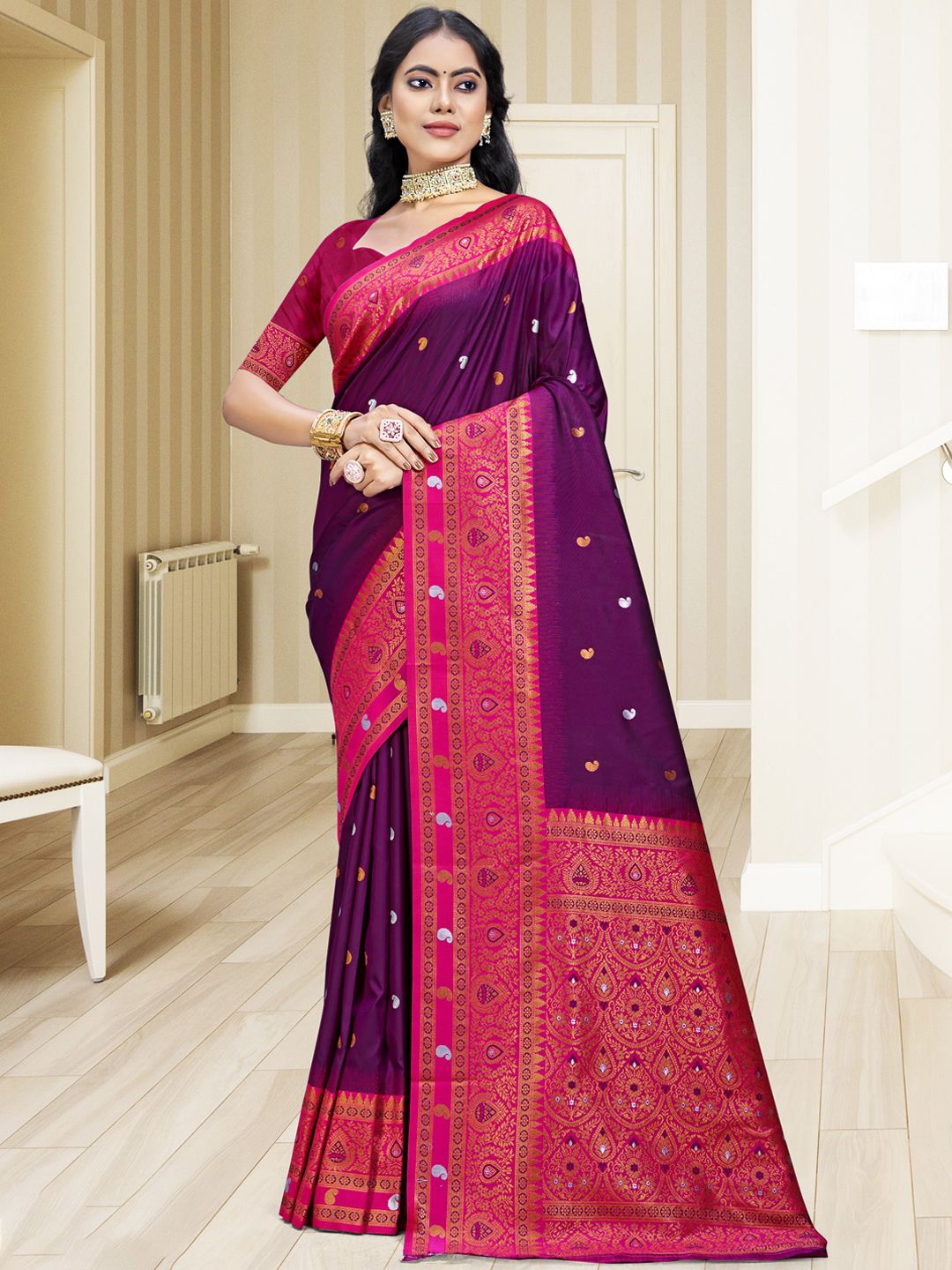 

SANGAM PRINTS Woven Design Zari Silk Blend Tussar Saree, Burgundy