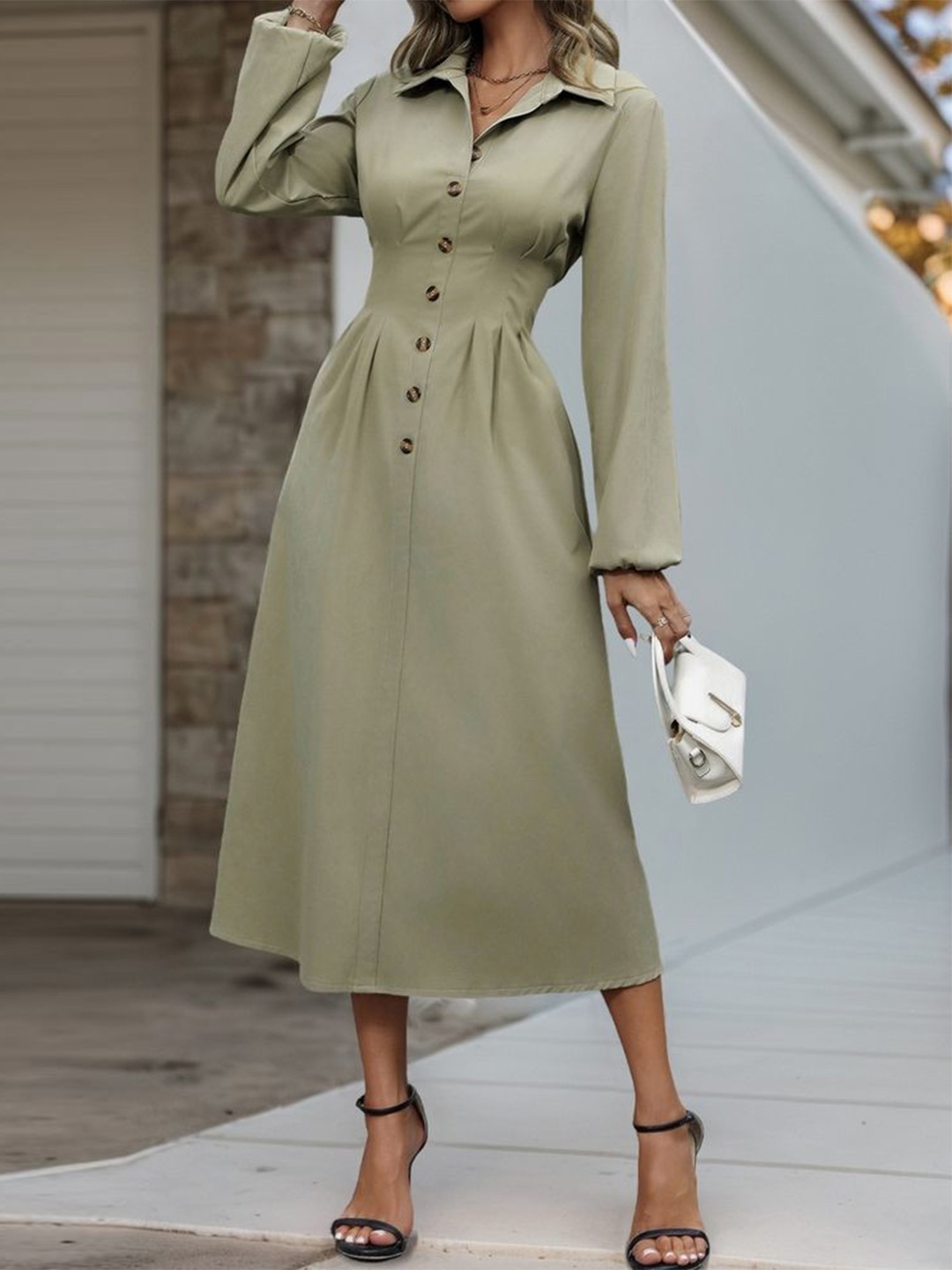 

LULU & SKY Women Puff Sleeve Fit & Flare Midi Dress, Green