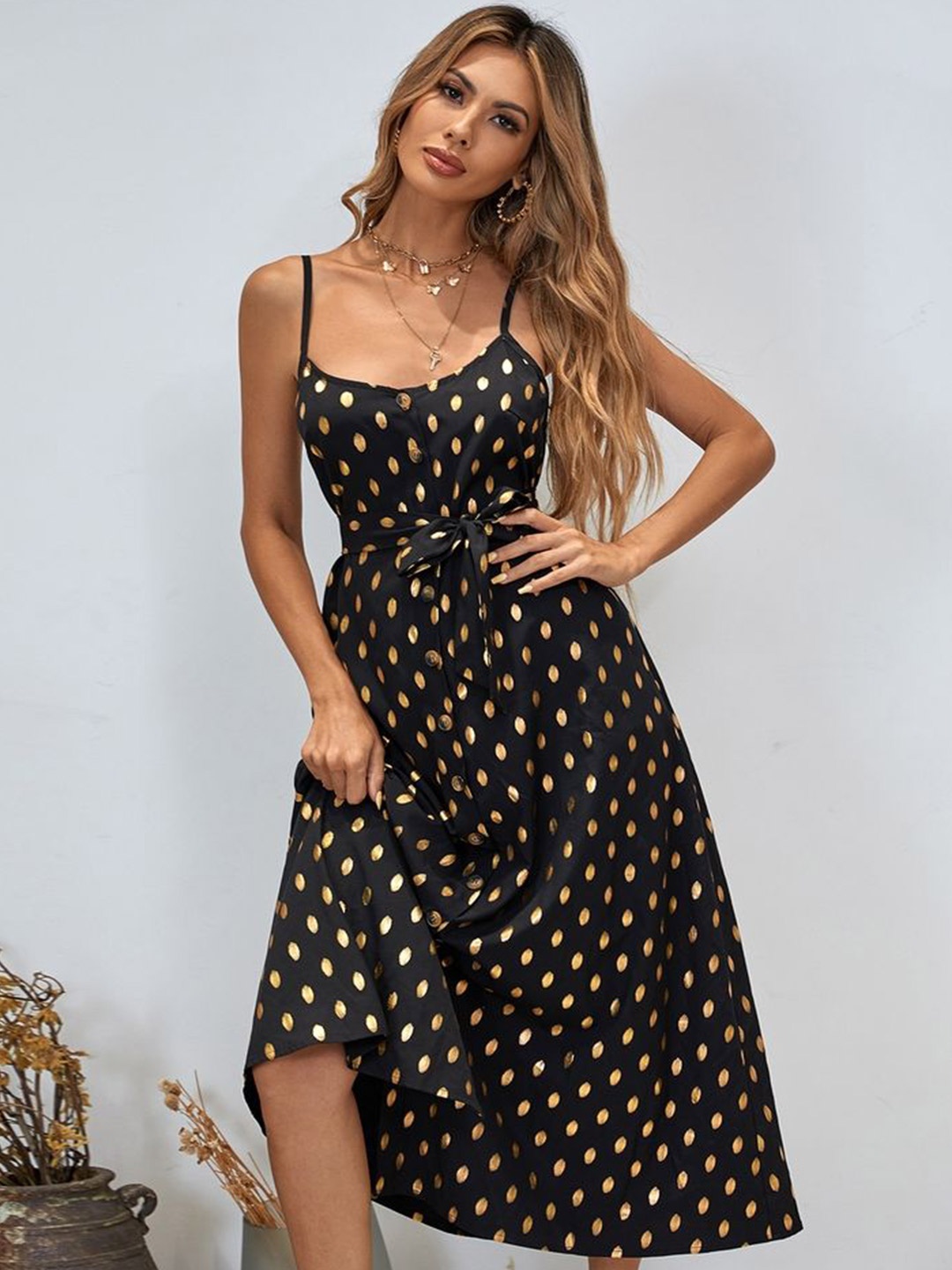 

LULU & SKY Women Polka Dots Printed Fit & Flare Midi Dress, Black