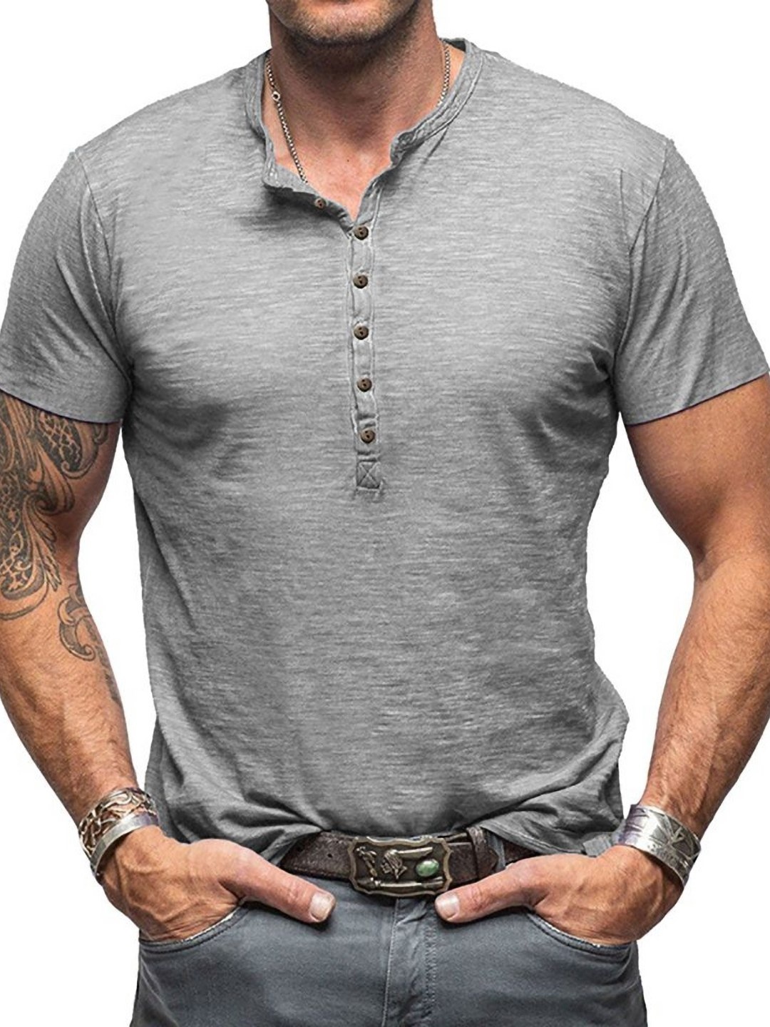 

StyleCast x Revolte Men Solid Mandarin Collar Cotton T-shirt, Grey