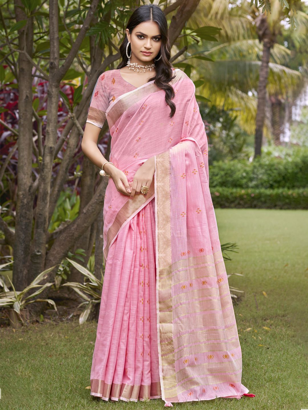 

SANGAM PRINTS Woven Design Designer Tussar Saree, Pink