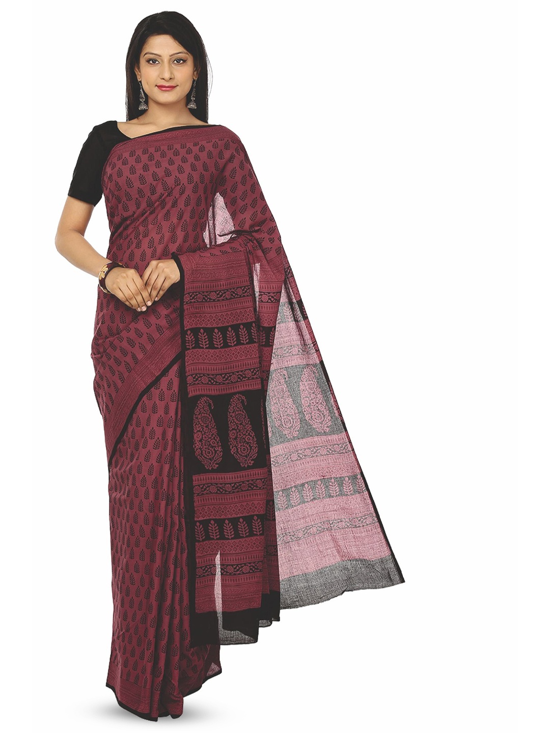 

Kalakari India Floral Pure Cotton Bagh Saree, Maroon