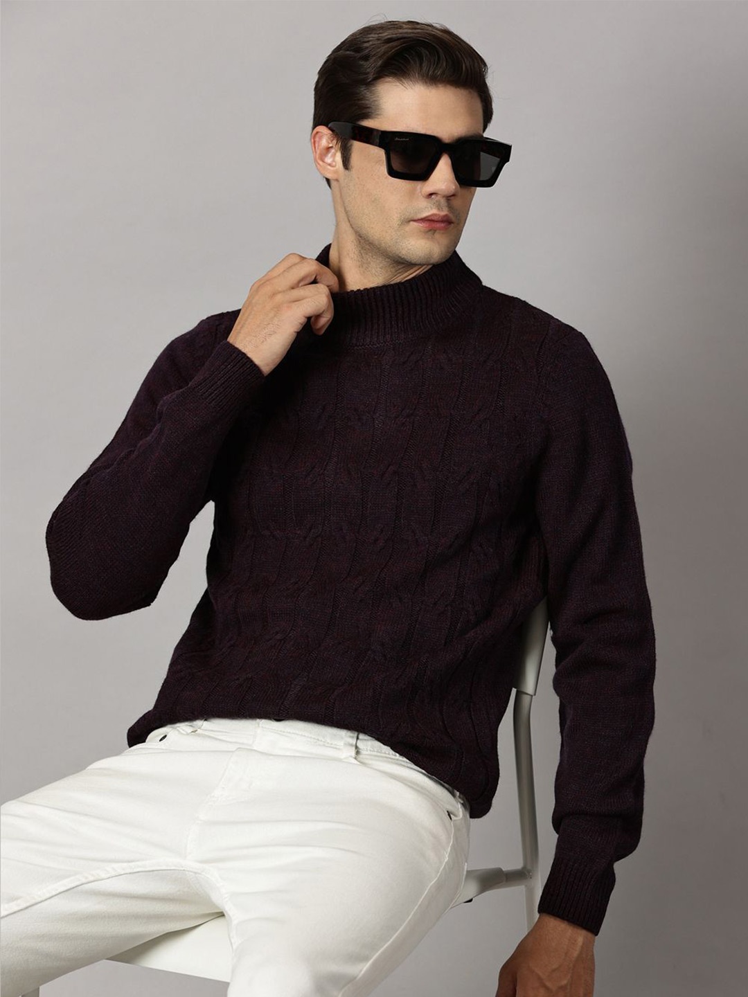 

BLACK BUCK Cable Knit Solid High Neck Sweater, Purple