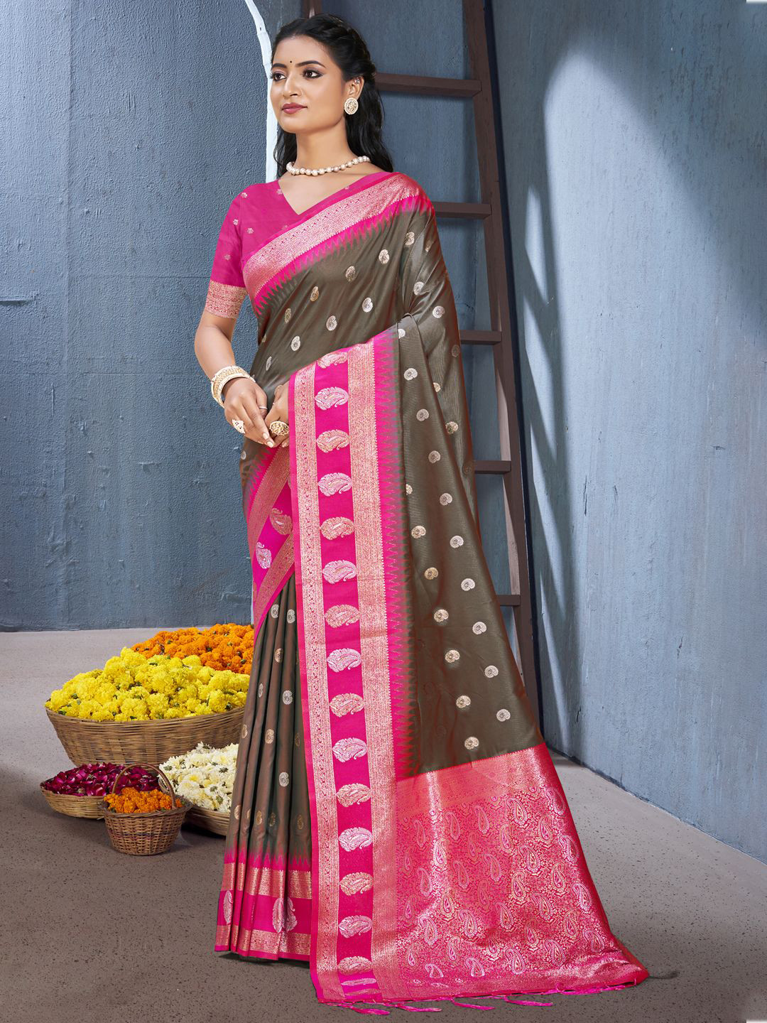 

SANGAM PRINTS Woven Design Silk Blend Designer Tussar Saree, Grey