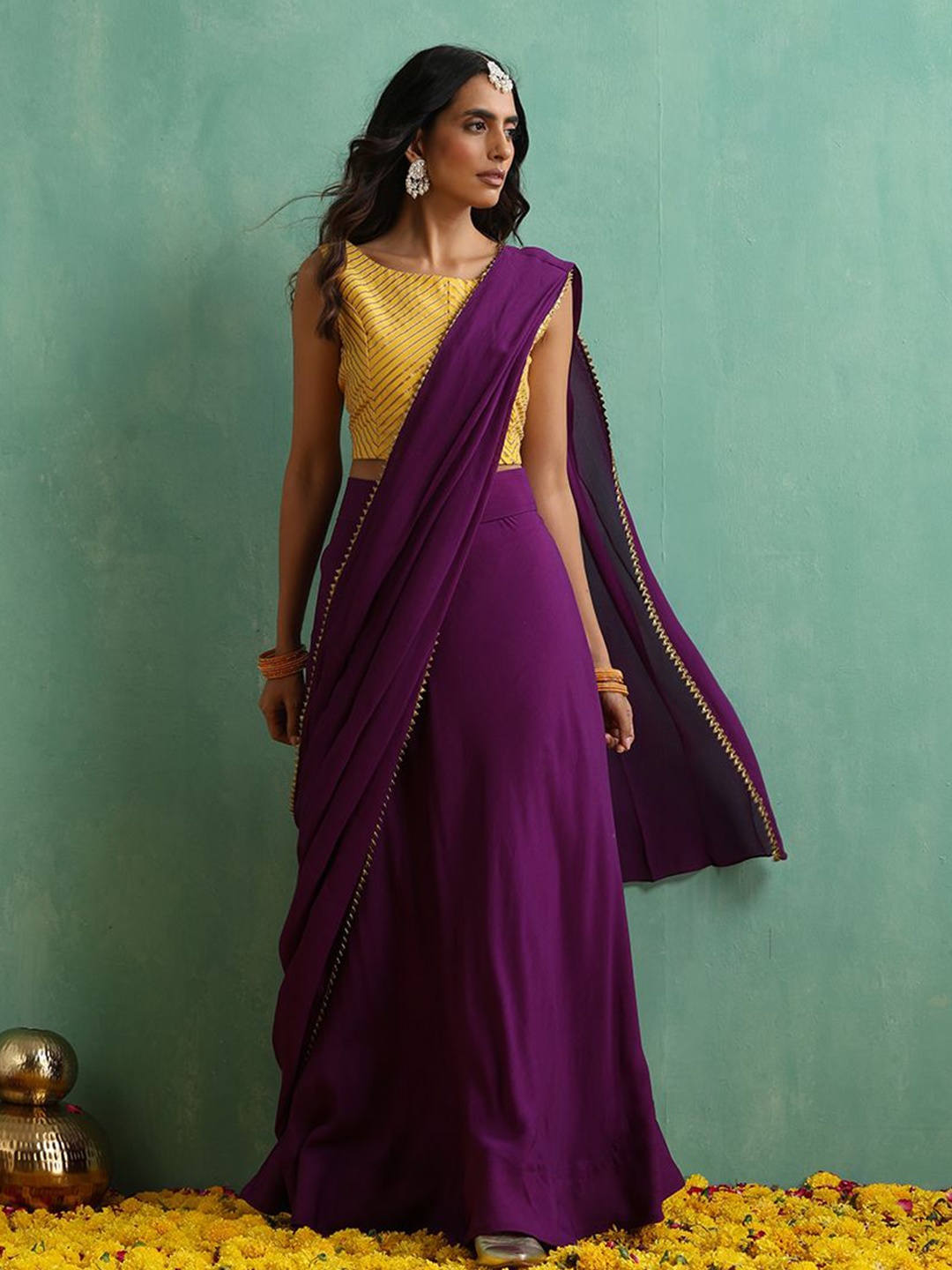 

indy Raaga Lehenga Saree With Stitched Blouse, Violet