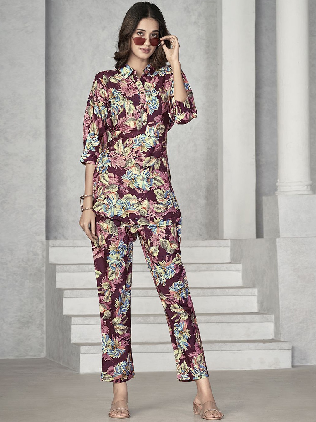 

all about you Shirt Collar Printed Top With Trouser, Magenta