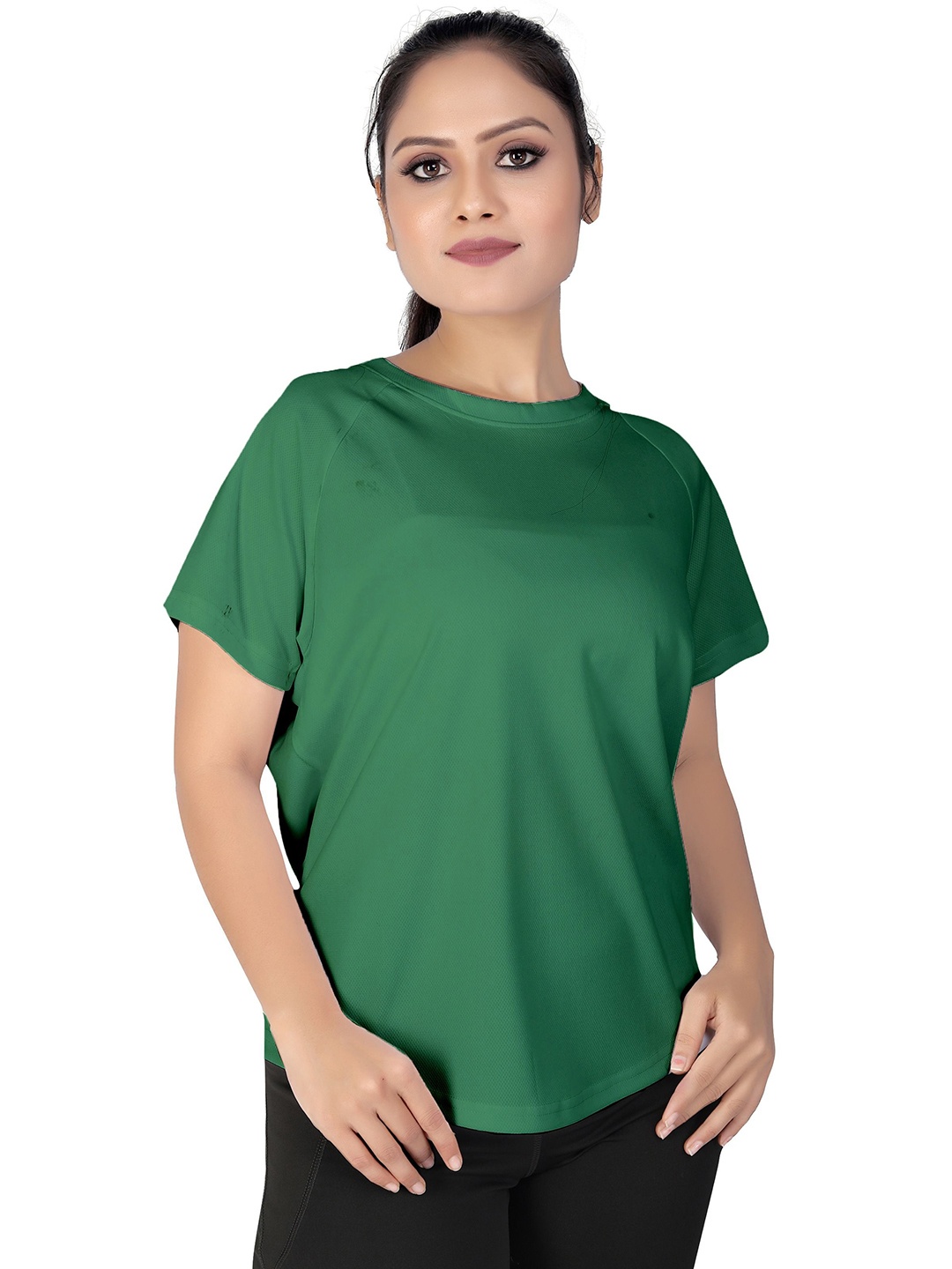 

MYO2 Women Drop-Shoulder Sleeves Pockets T-shirt, Green