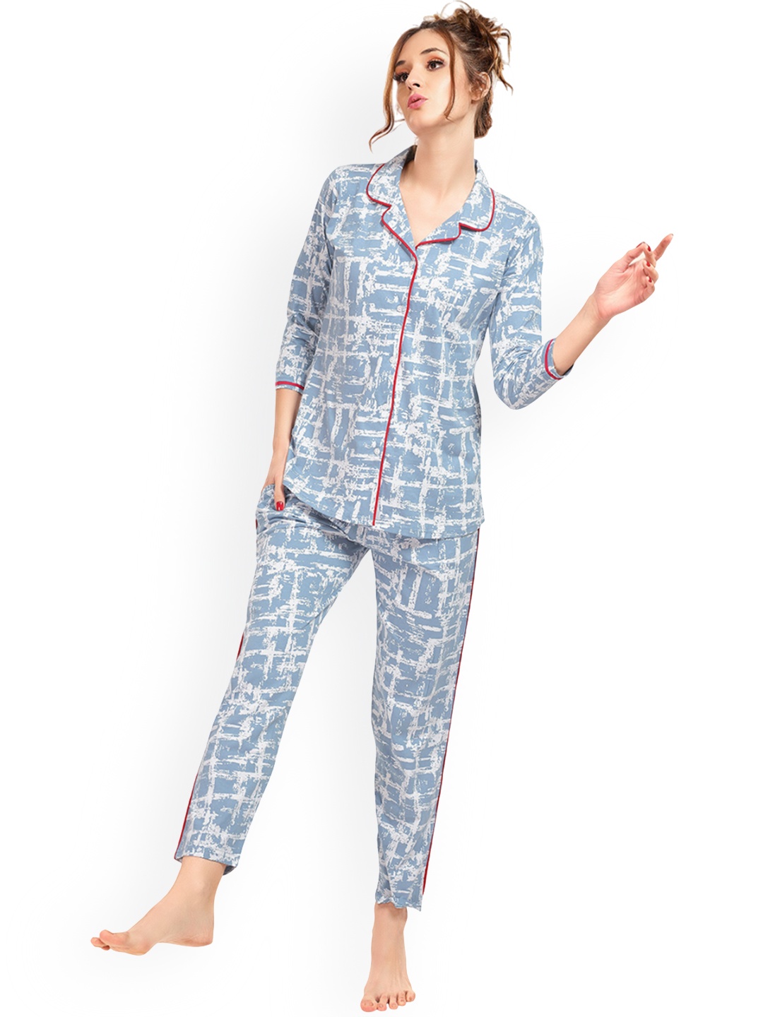 

Lotik Women Pure Cotton Printed Lapel Collar Night suit, Turquoise blue