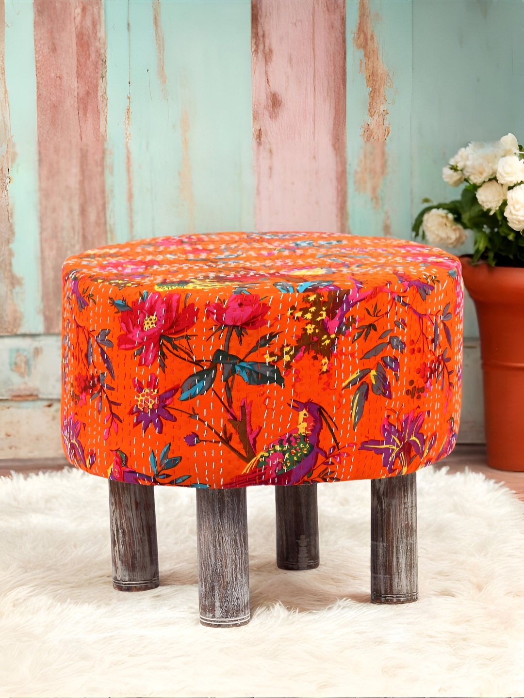 

Ikiriya Orange & Blue Printed Wooden Cotton Round Ottoman