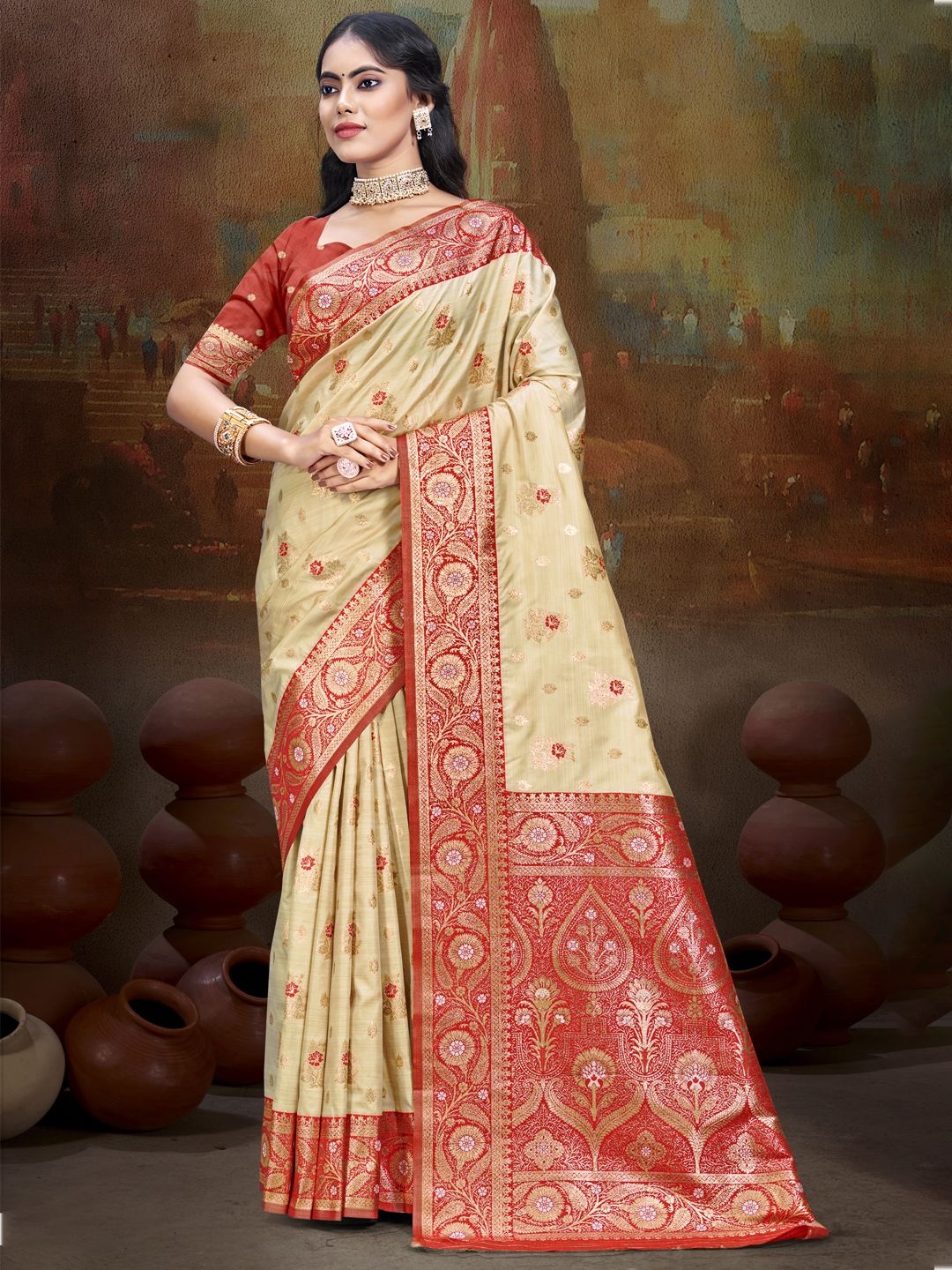 

SANGAM PRINTS Woven Design Silk Blend Designer Tussar Saree, Beige